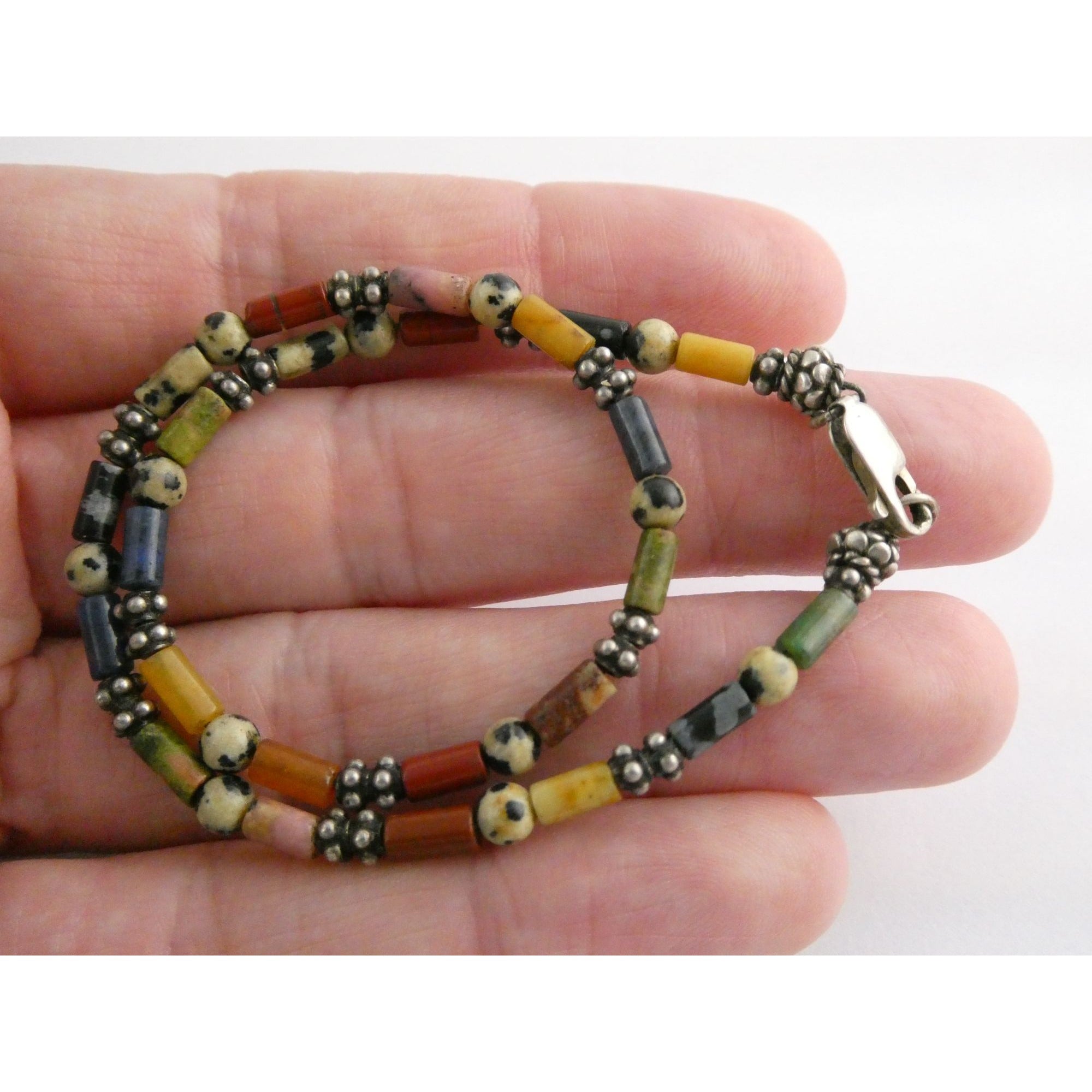 Sterling Silver Clasp Multi Gemstone Beaded Choker Necklace 11 Inches 8g Weight