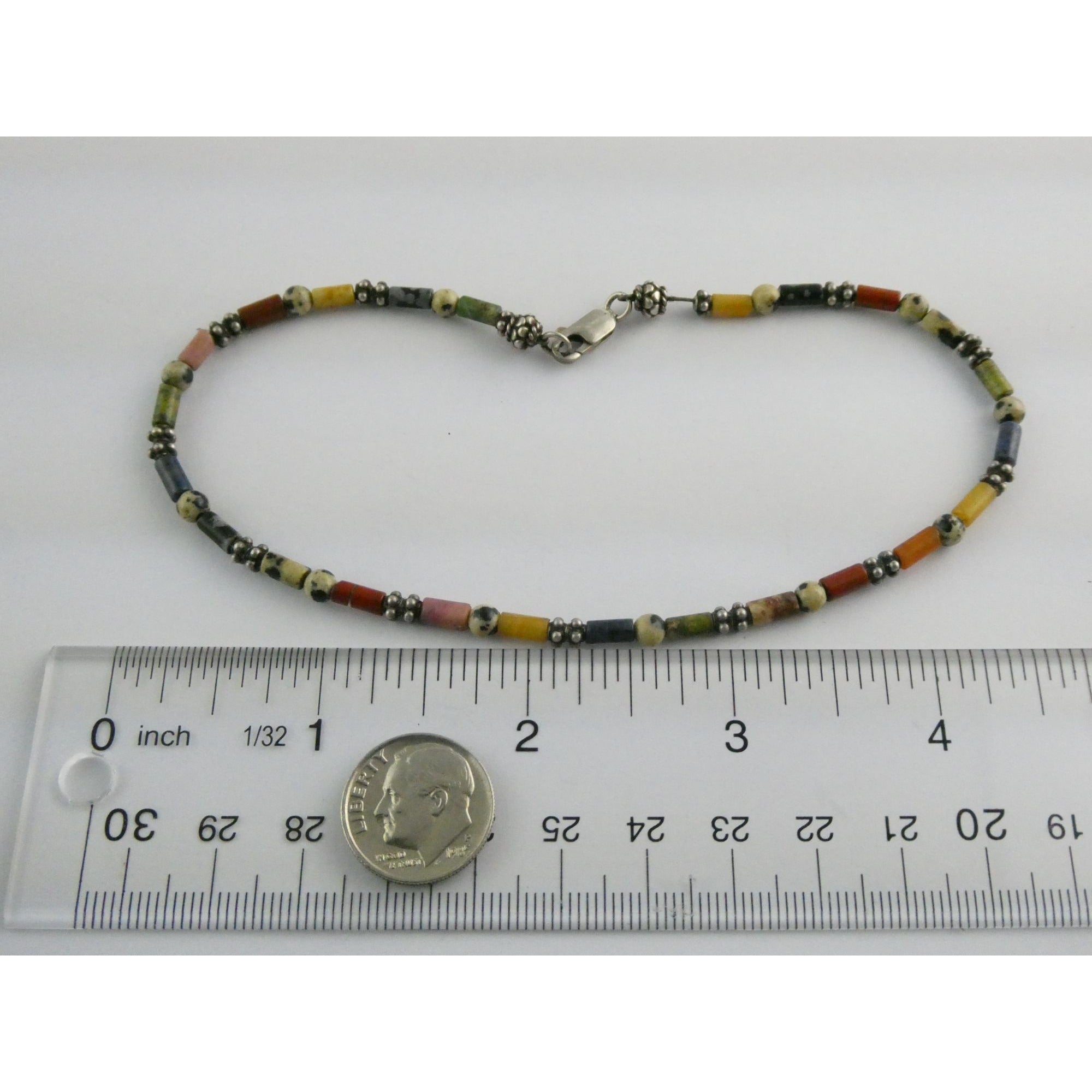 Sterling Silver Clasp Multi Gemstone Beaded Choker Necklace 11 Inches 8g Weight
