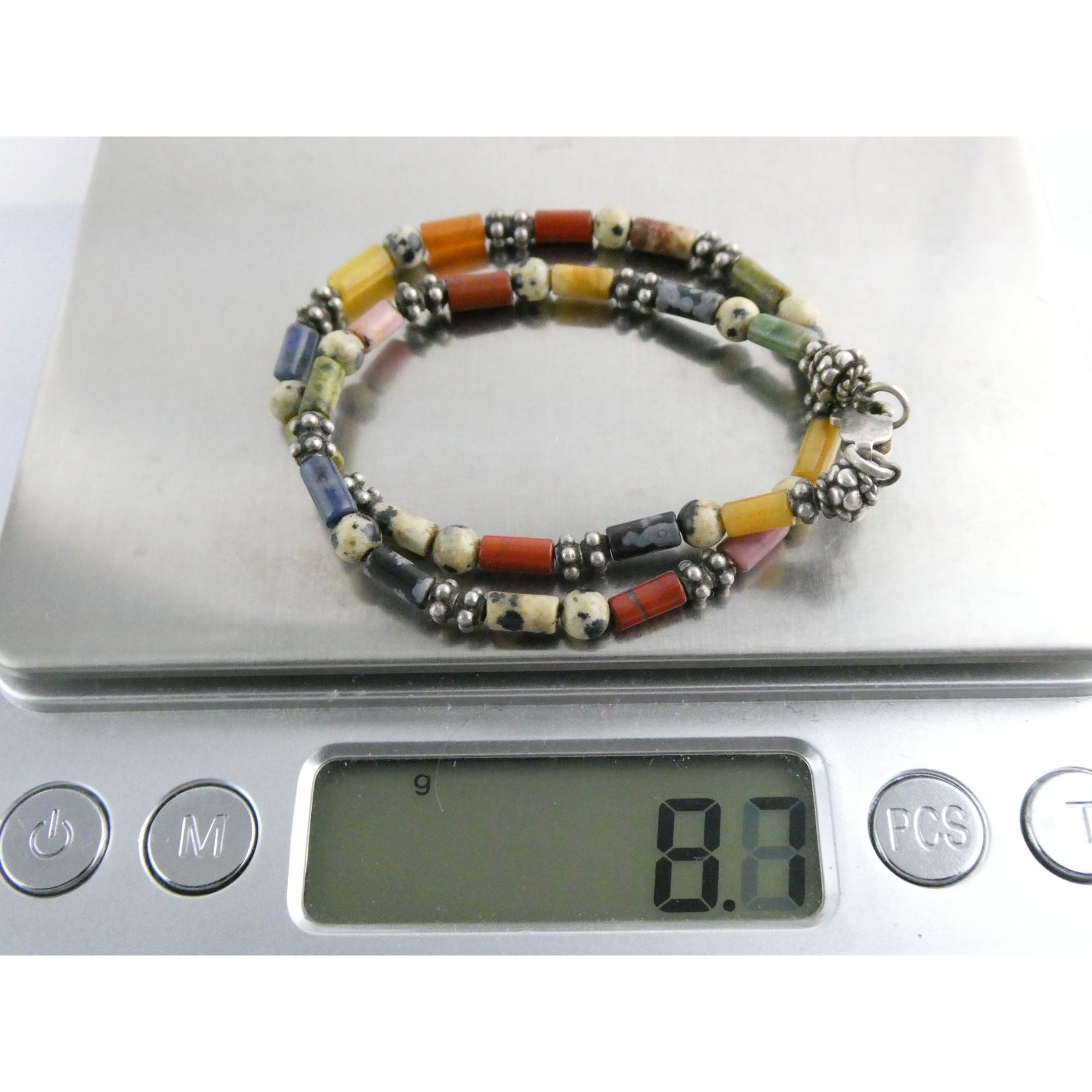 Sterling Silver Clasp Multi Gemstone Beaded Choker Necklace 11 Inches 8g Weight
