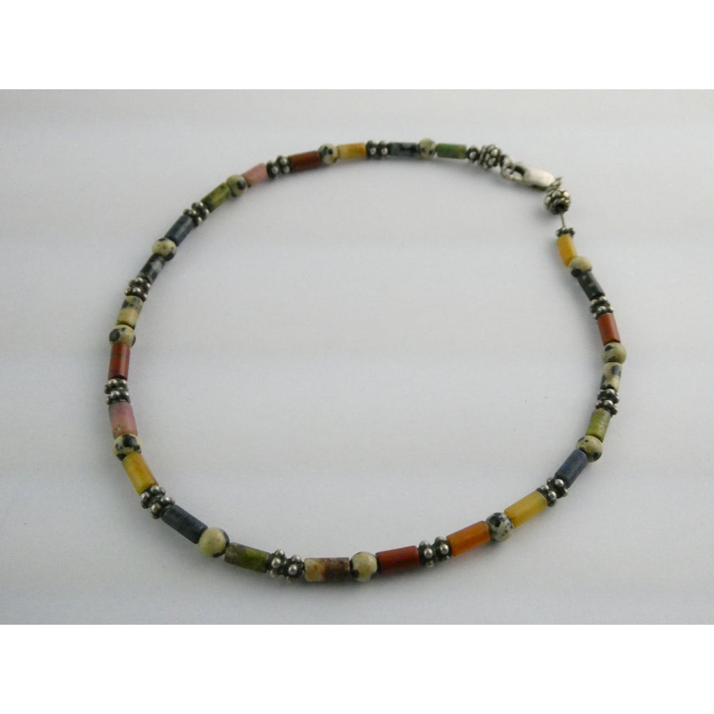 Sterling Silver Clasp Multi Gemstone Beaded Choker Necklace 11 Inches 8g Weight