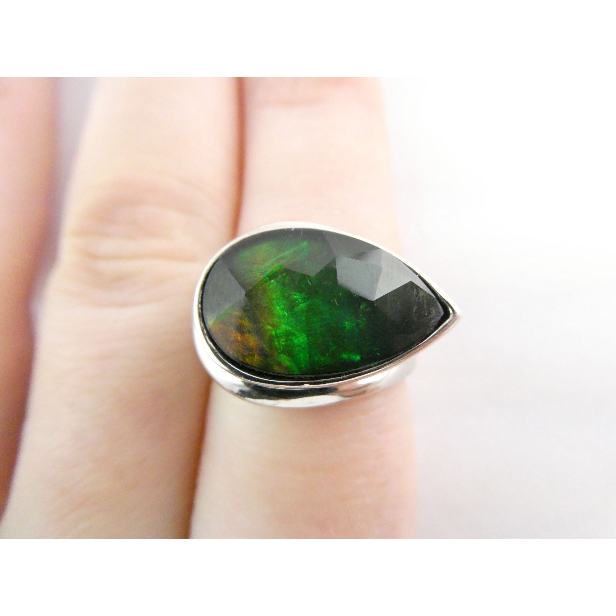 Designer Sterling Silver Quartz Ammolite Doublet Statement Ring Sz 7 20mm Front