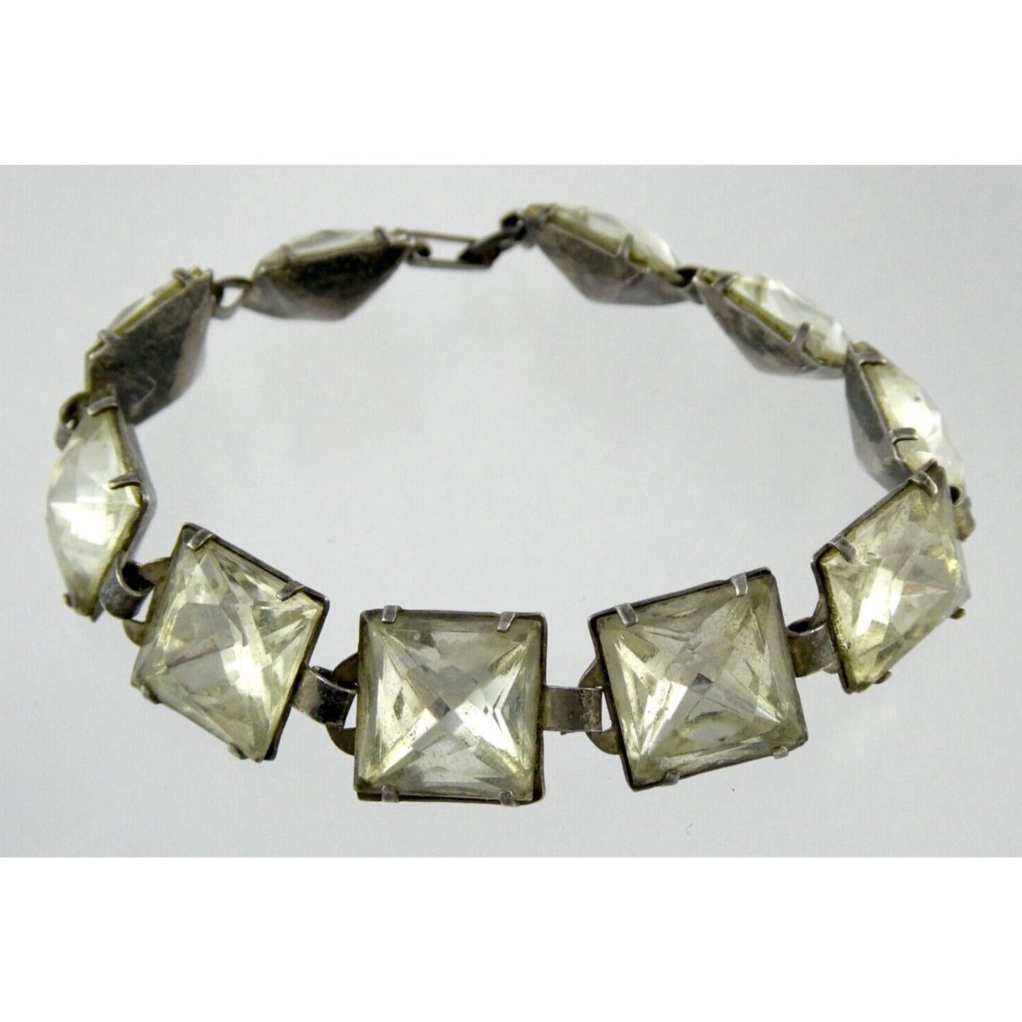 Antique Sterling Silver Prong Set Closed Back Paste Gem Bracelet 6 Inches 21.7g