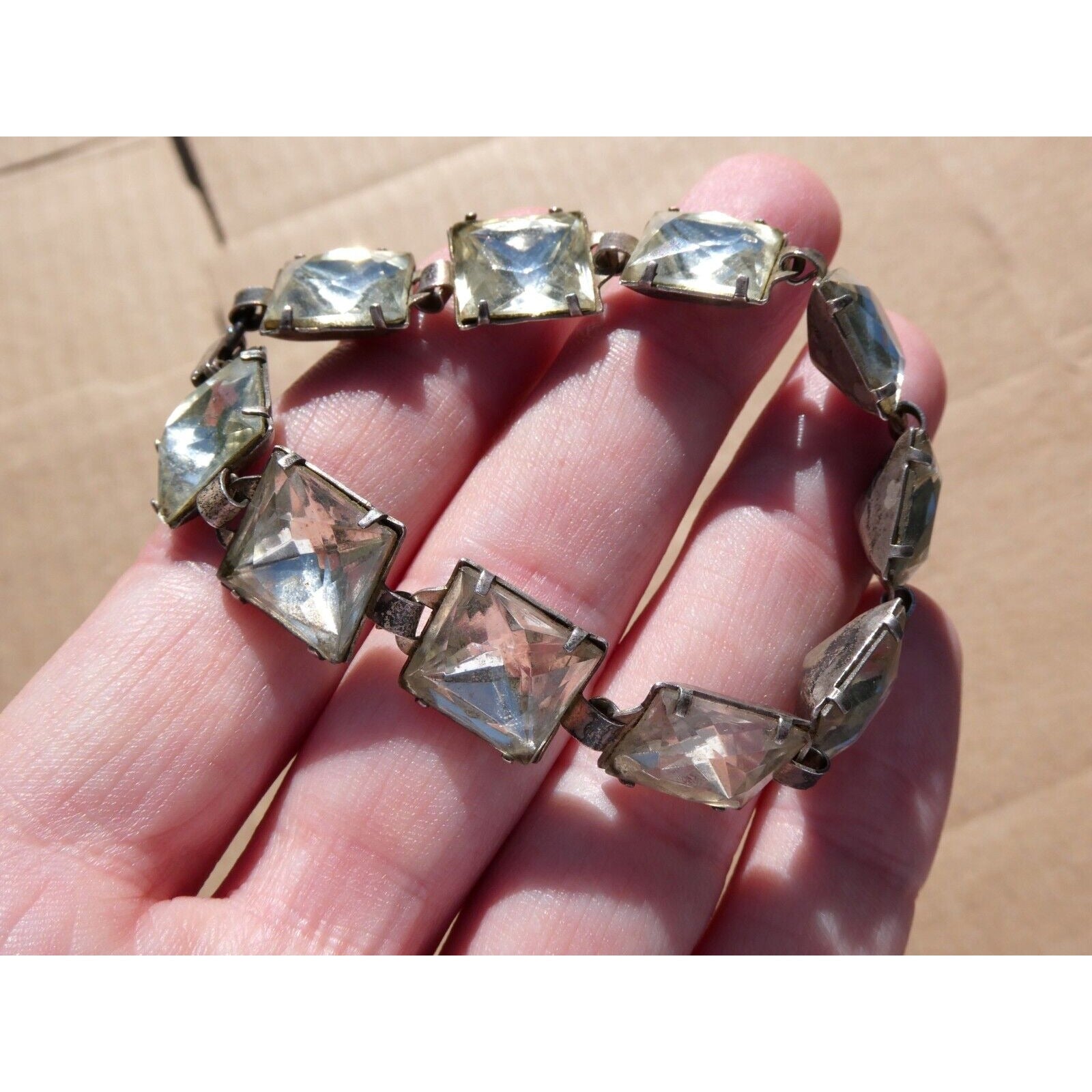 Antique Sterling Silver Prong Set Closed Back Paste Gem Bracelet 6 Inches 21.7g