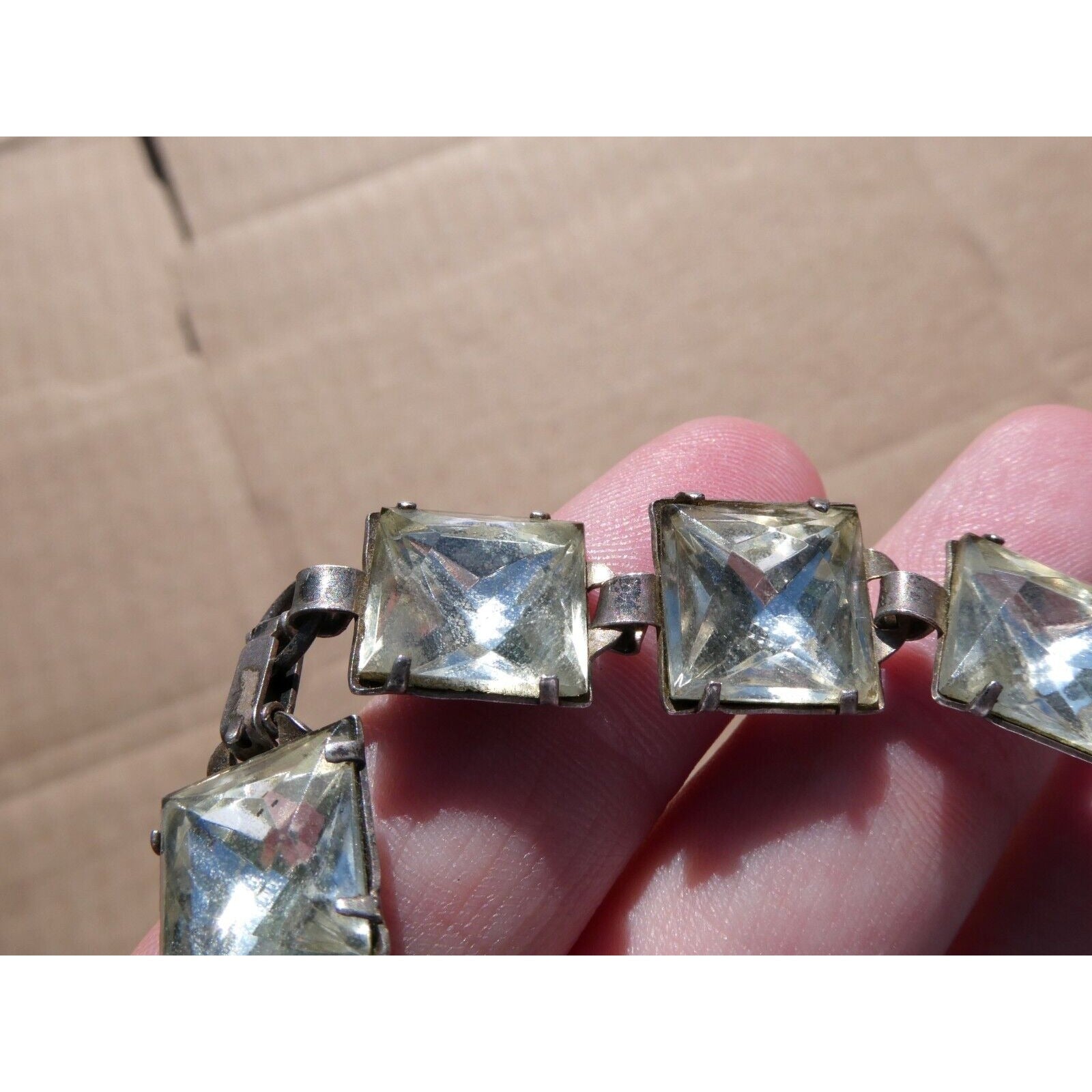 Antique Sterling Silver Prong Set Closed Back Paste Gem Bracelet 6 Inches 21.7g