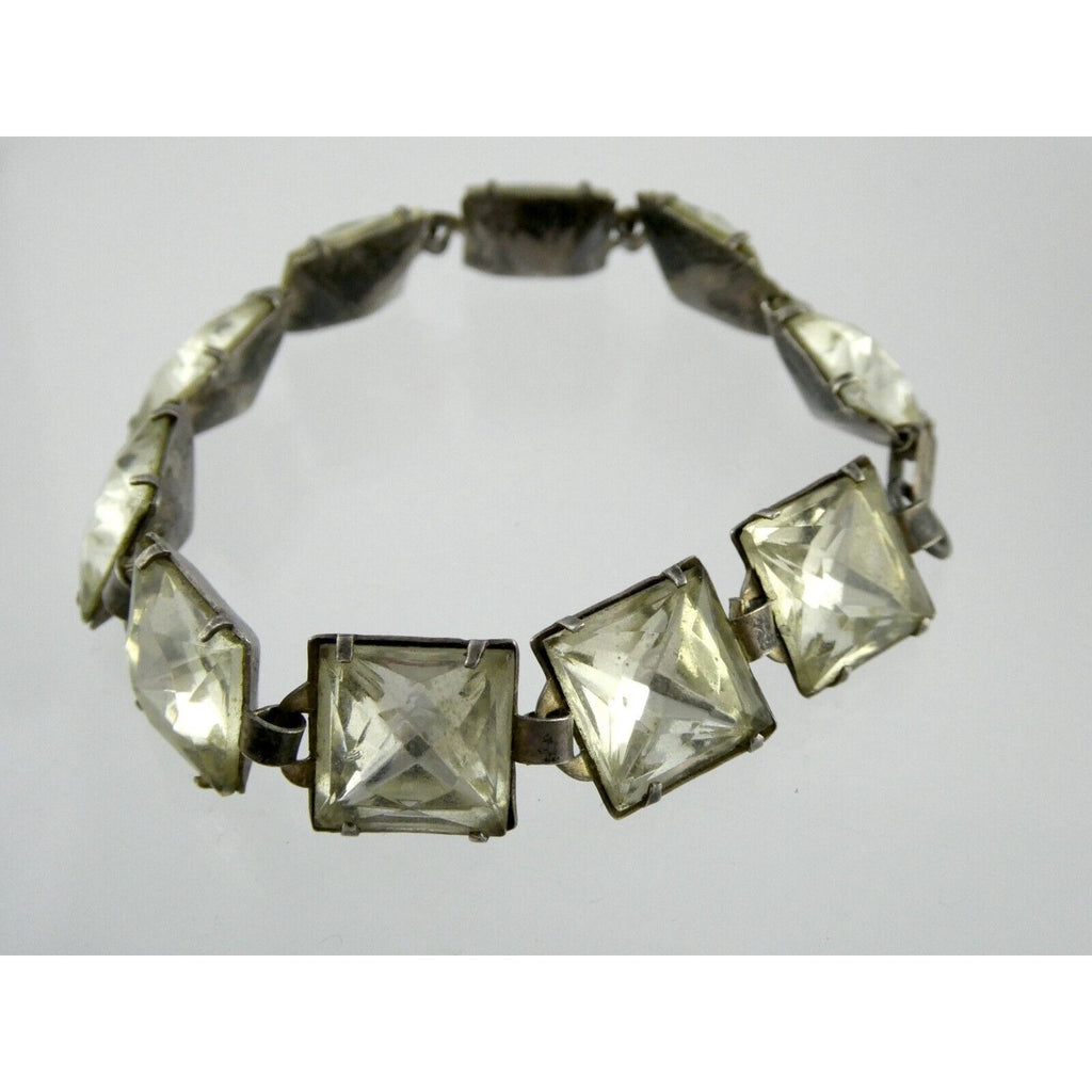 Antique Sterling Silver Prong Set Closed Back Paste Gem Bracelet 6 Inches 21.7g