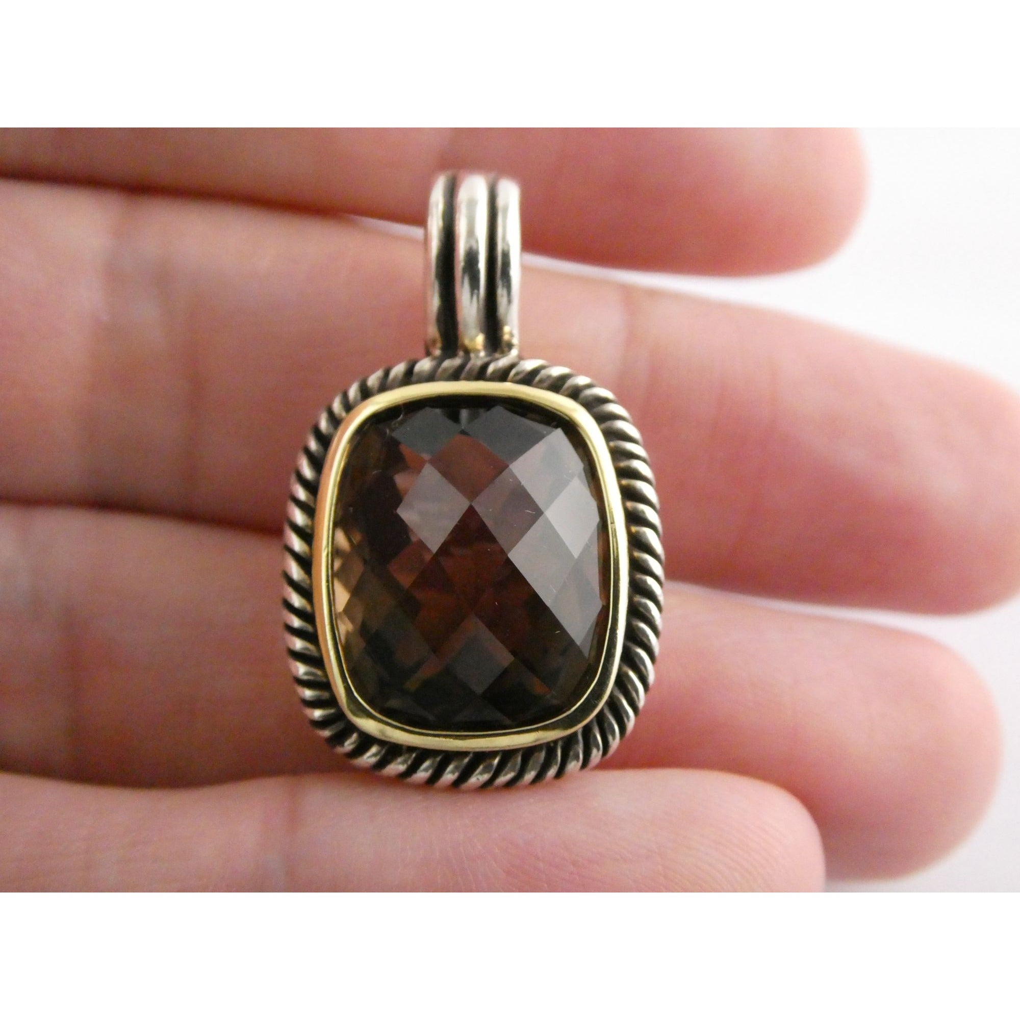 Designer Sterling Silver Faceted Smoky Quartz Pendant Enhancer 8.2g 30mm Length