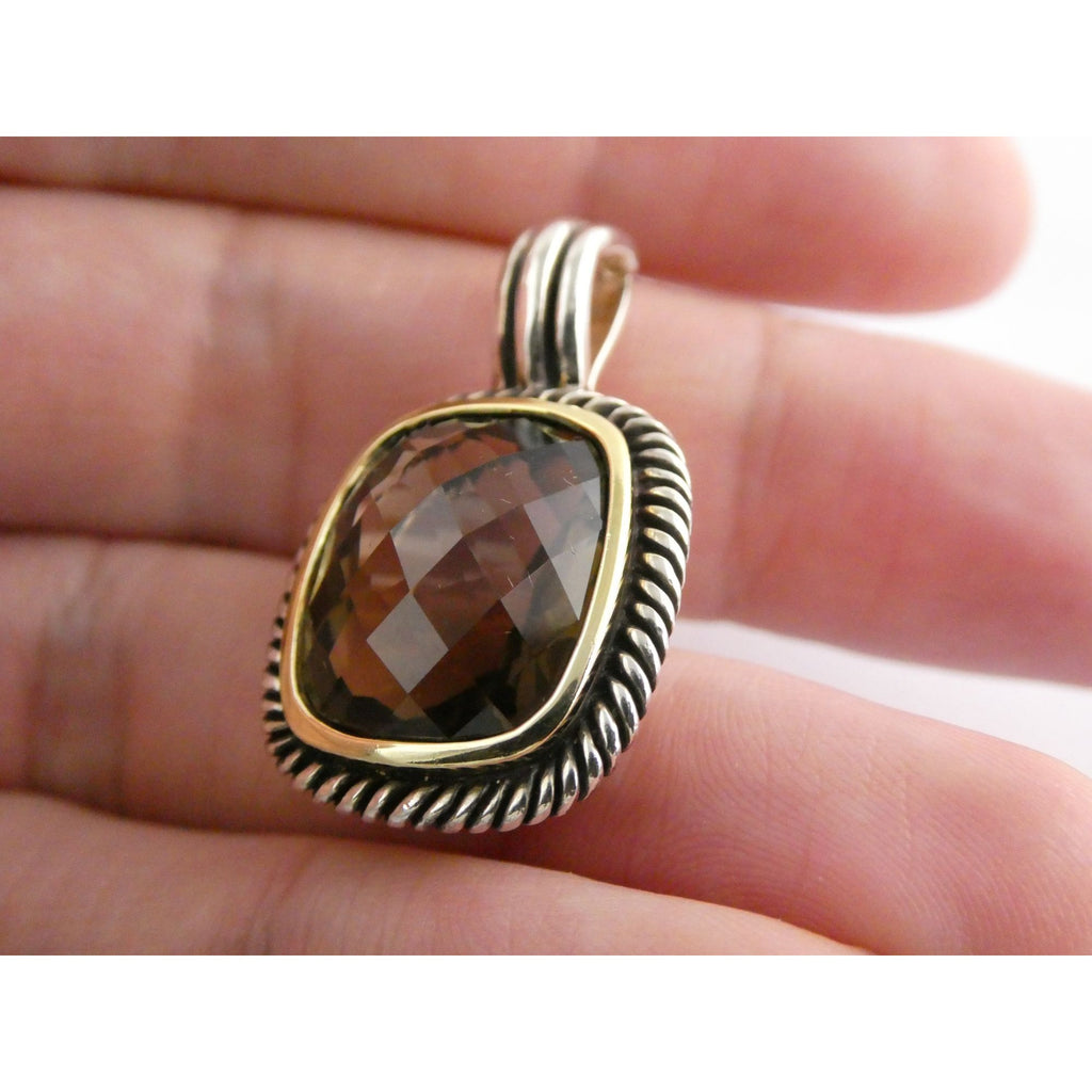 Designer Sterling Silver Faceted Smoky Quartz Pendant Enhancer 8.2g 30mm Length