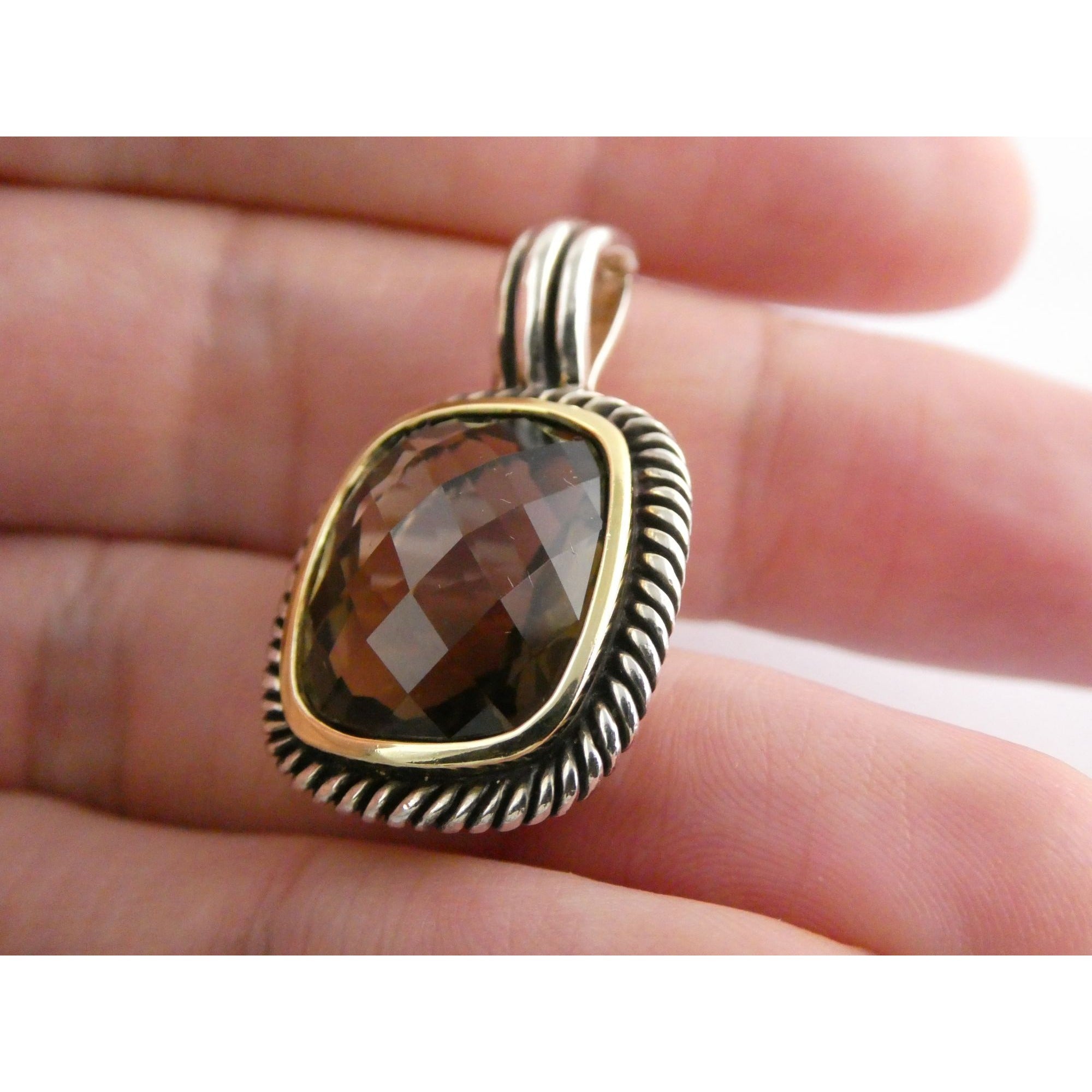 Designer Sterling Silver Faceted Smoky Quartz Pendant Enhancer 8.2g 30mm Length