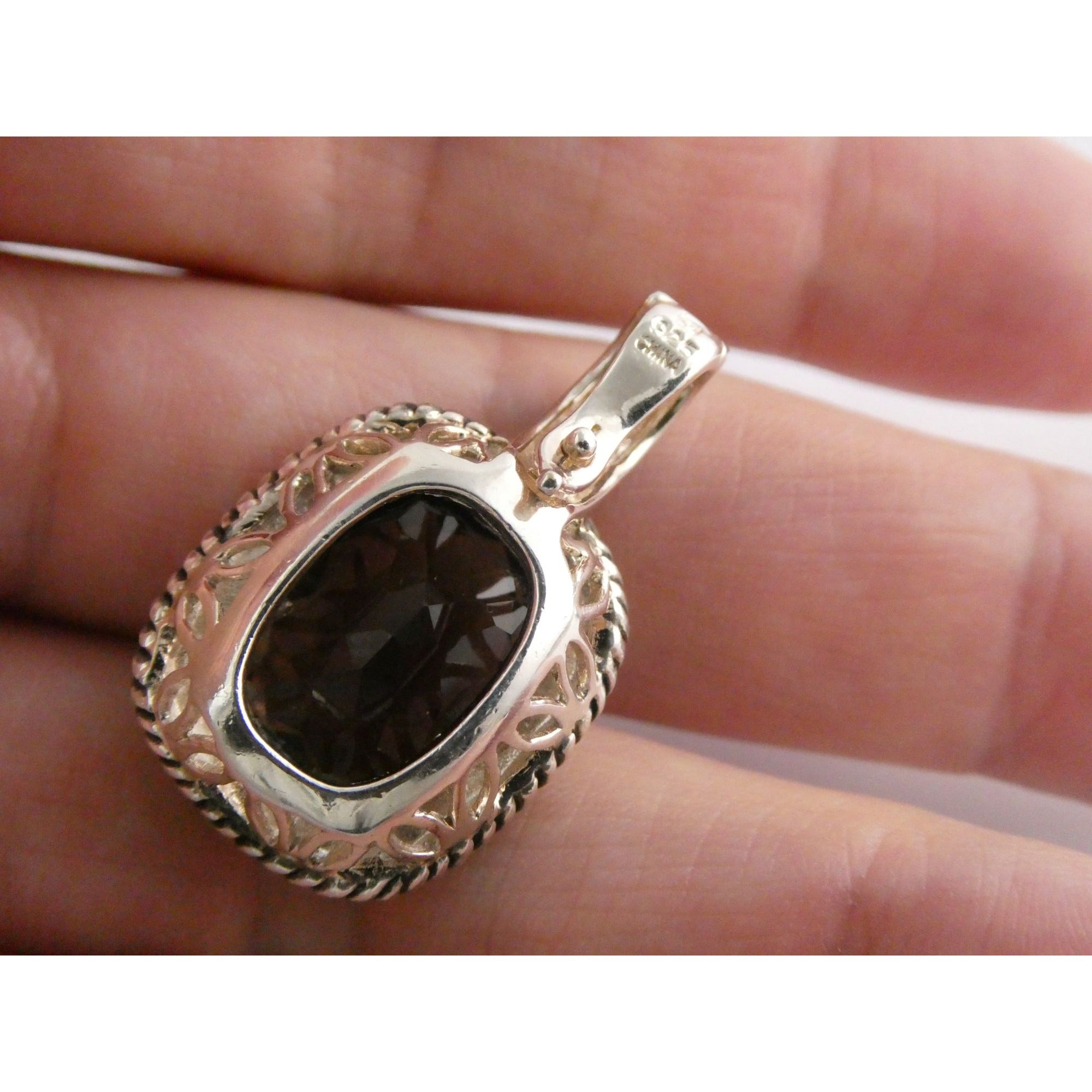 Designer Sterling Silver Faceted Smoky Quartz Pendant Enhancer 8.2g 30mm Length