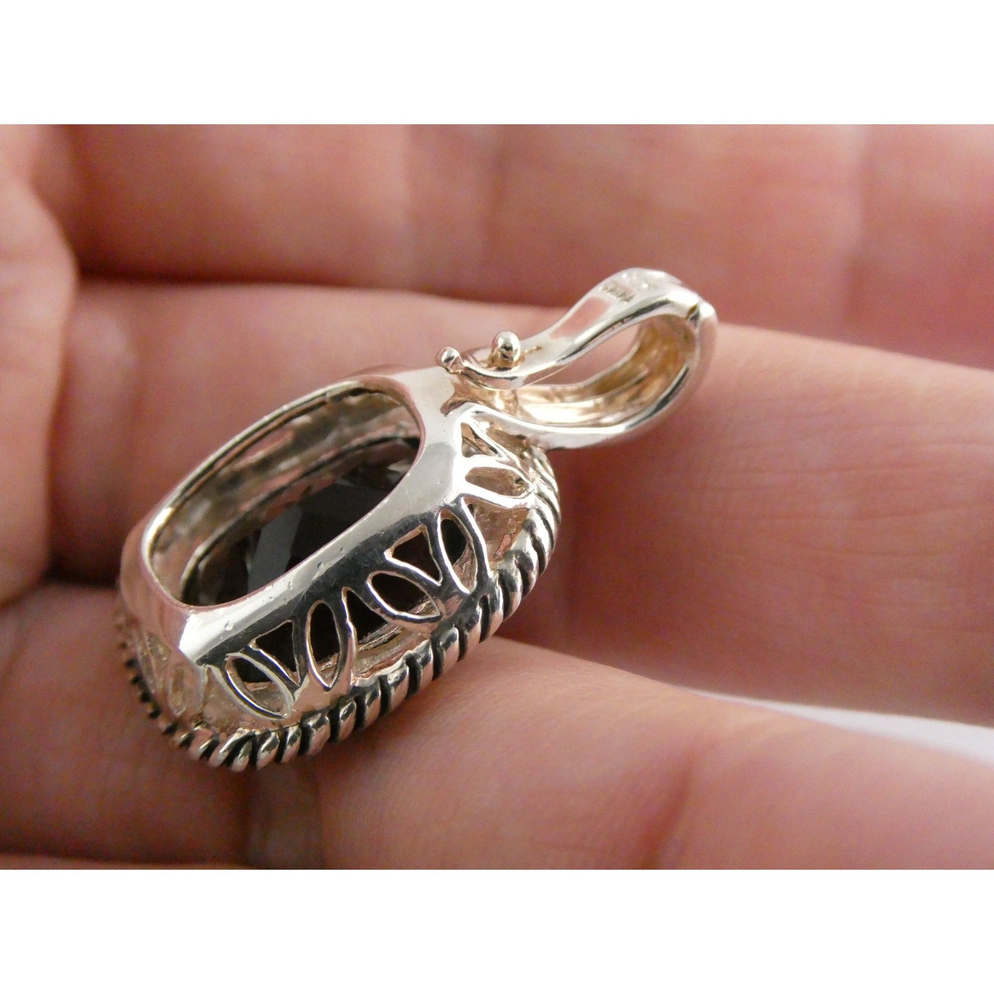 Designer Sterling Silver Faceted Smoky Quartz Pendant Enhancer 8.2g 30mm Length