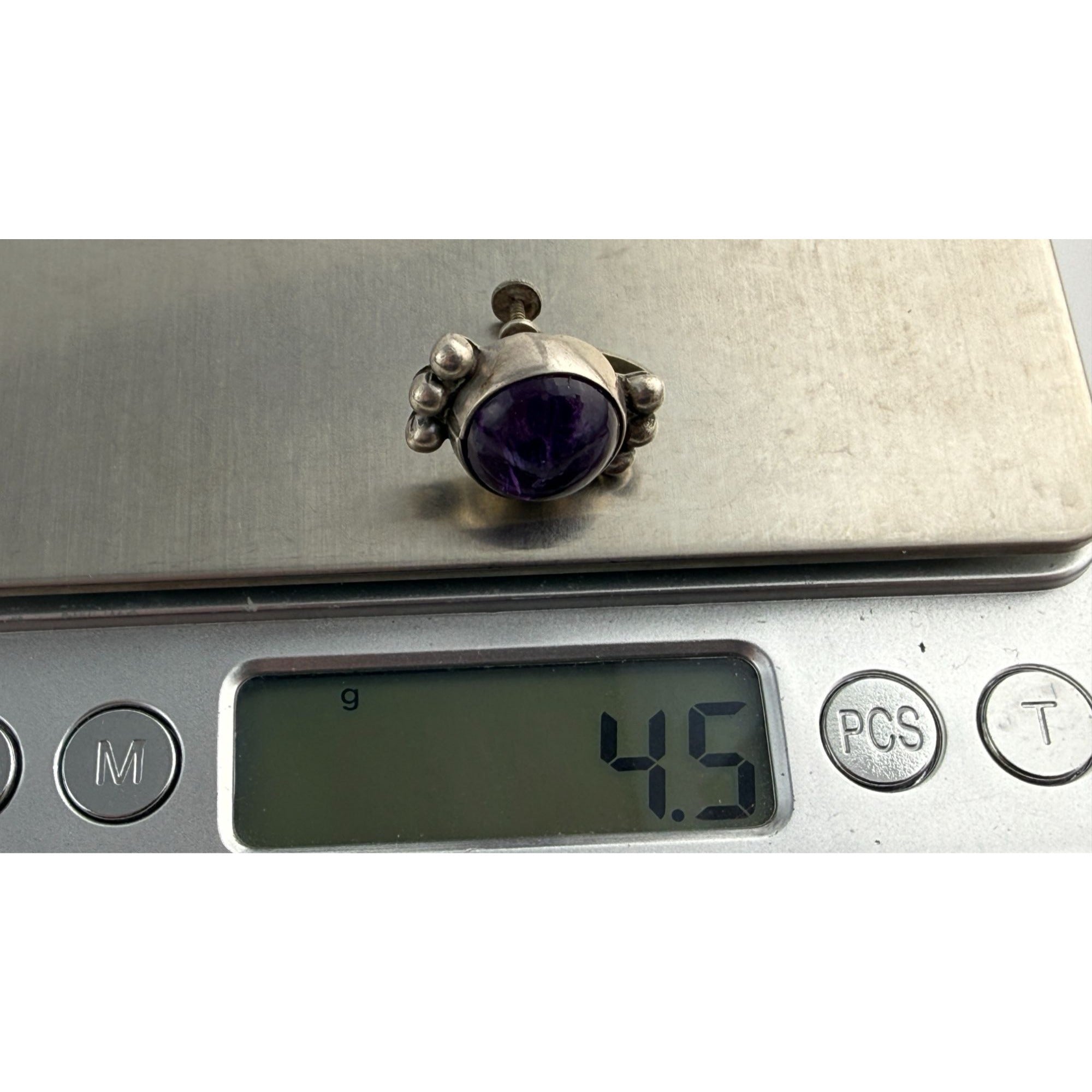 Vintage Sterling Silver Mexico Amethyst Cabochon Screwback SINGLE Earring AS IS