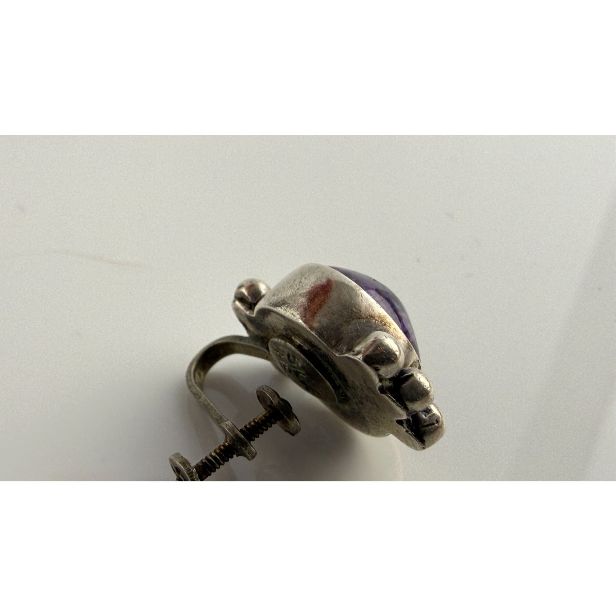 Vintage Sterling Silver Mexico Amethyst Cabochon Screwback SINGLE Earring AS IS