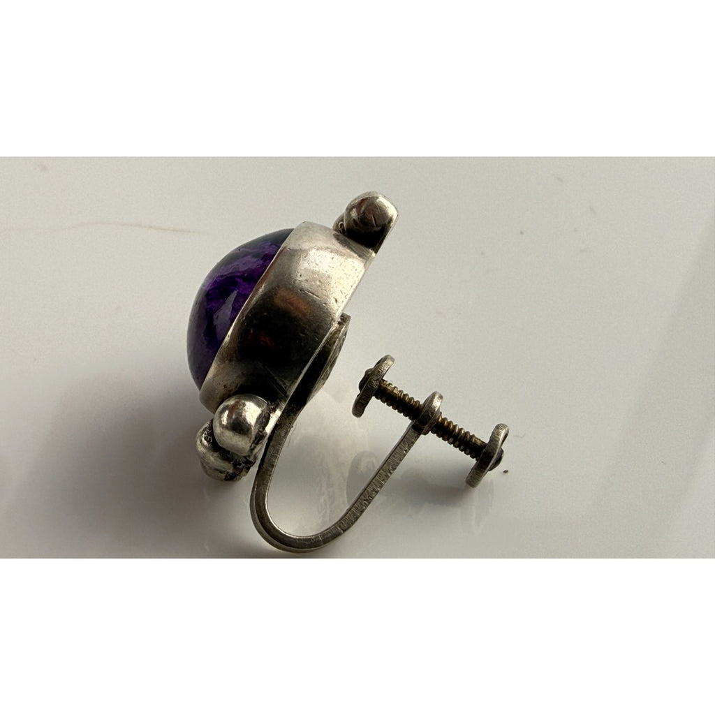 Vintage Sterling Silver Mexico Amethyst Cabochon Screwback SINGLE Earring AS IS