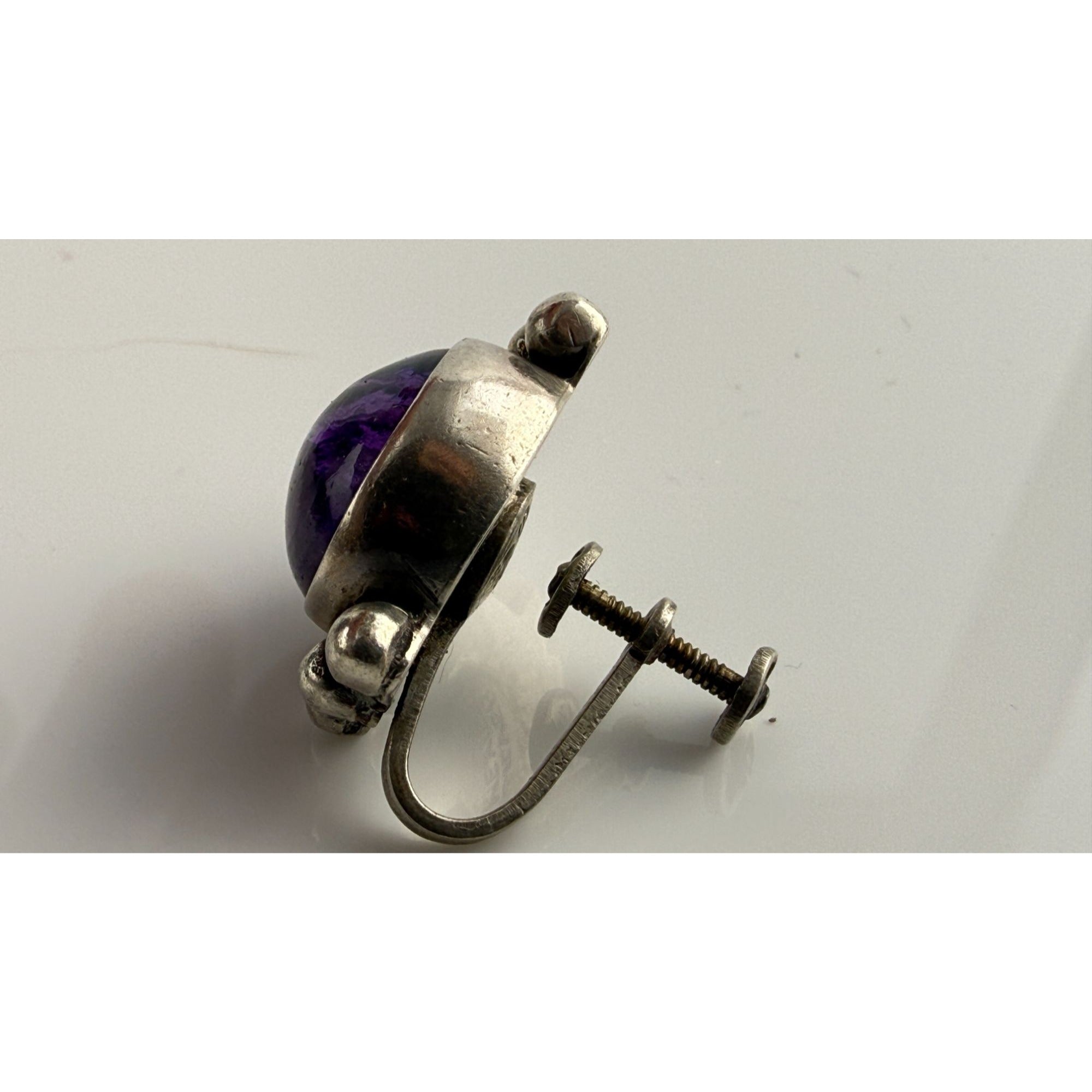 Vintage Sterling Silver Mexico Amethyst Cabochon Screwback SINGLE Earring AS IS