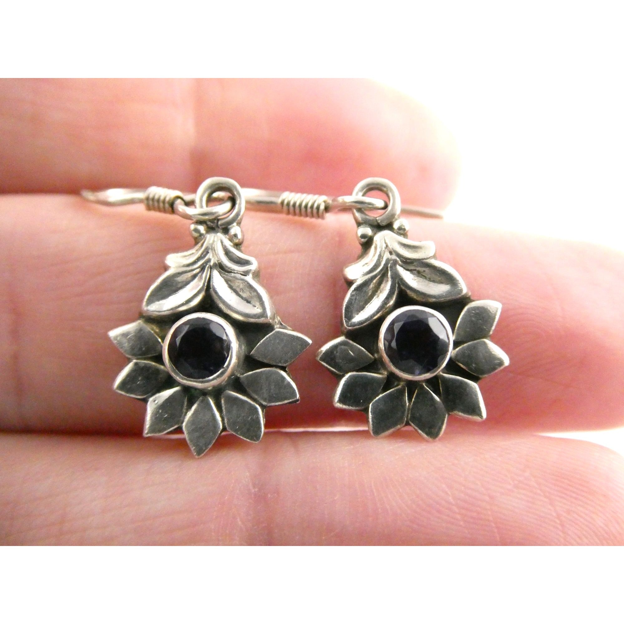 Sterling Silver Round Cut Iolite Flower Design Hook Earrings 925 3.3g 1 1/8 Inch