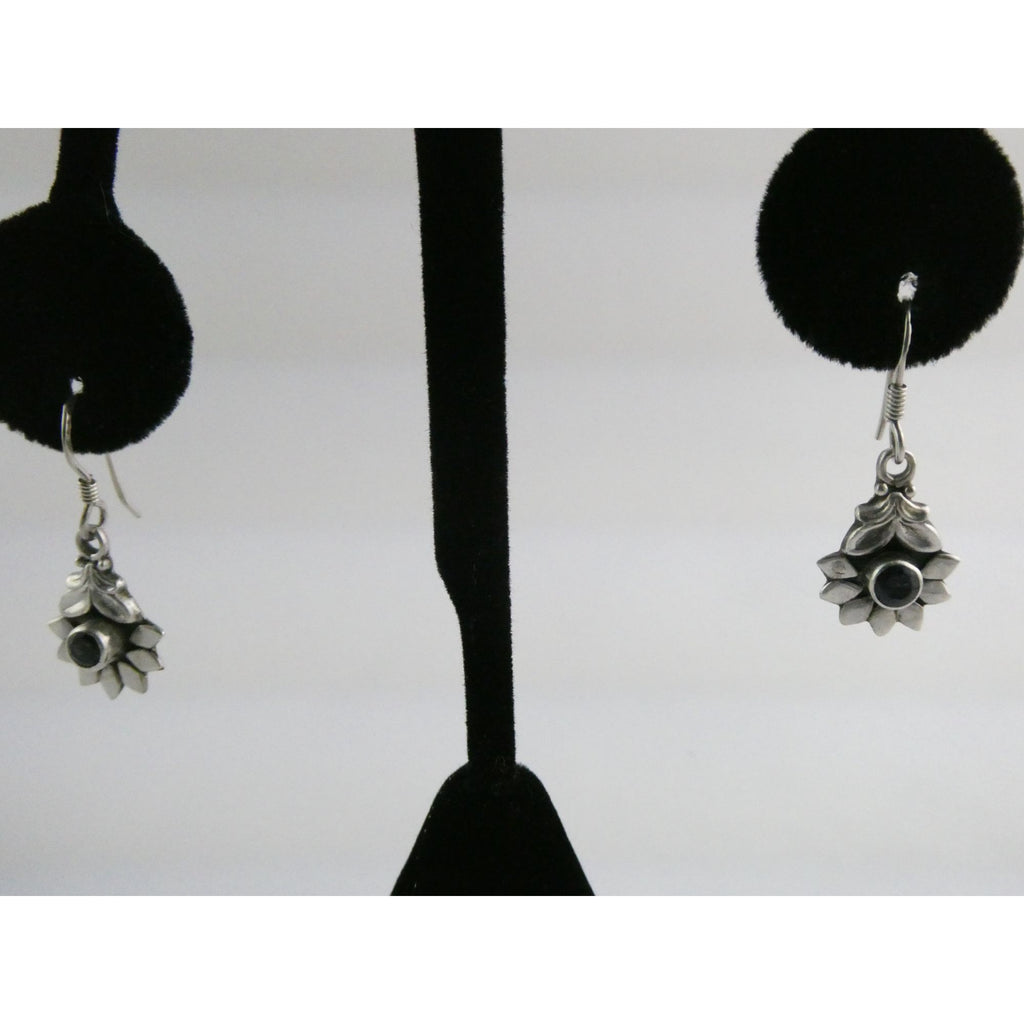 Sterling Silver Round Cut Iolite Flower Design Hook Earrings 925 3.3g 1 1/8 Inch