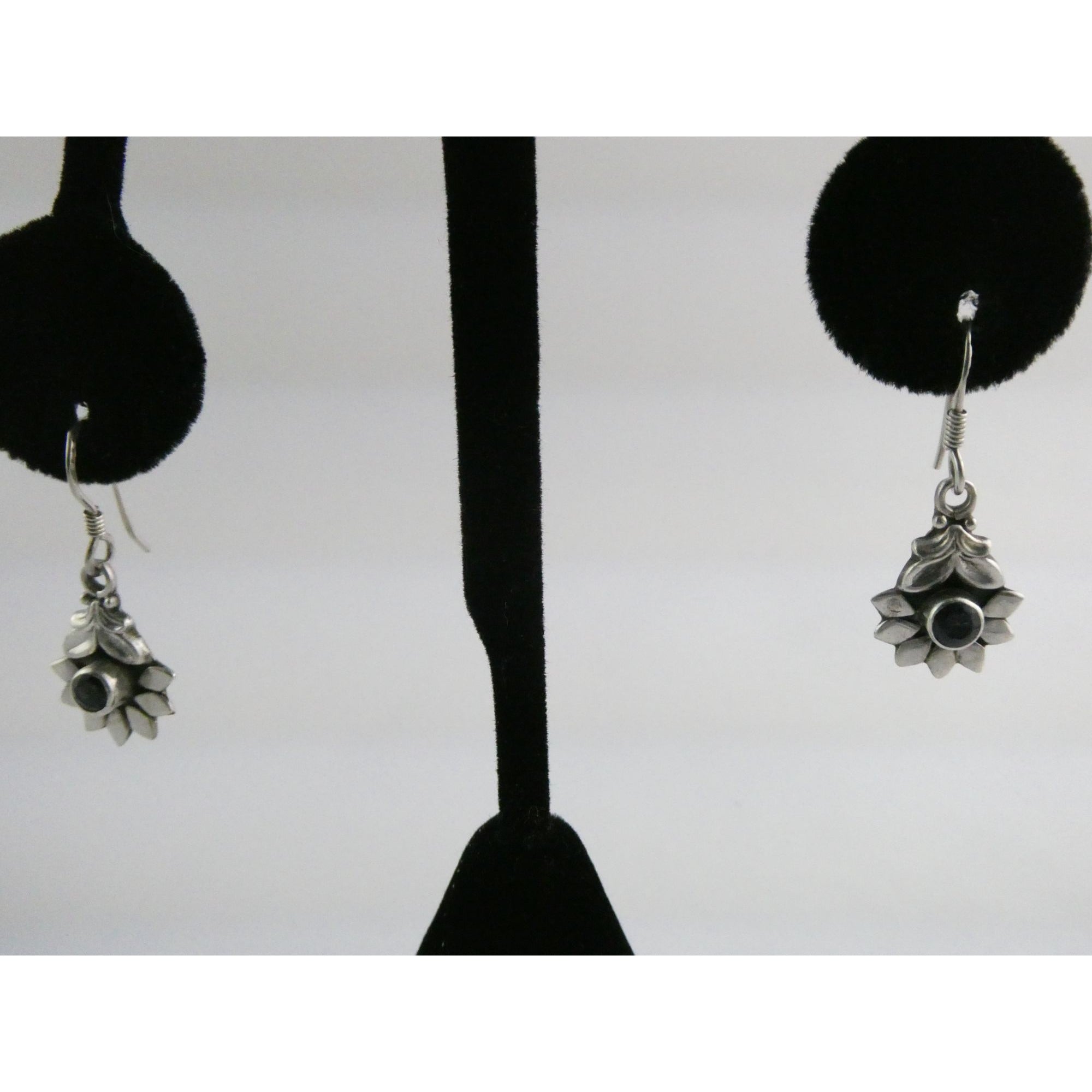 Sterling Silver Round Cut Iolite Flower Design Hook Earrings 925 3.3g 1 1/8 Inch