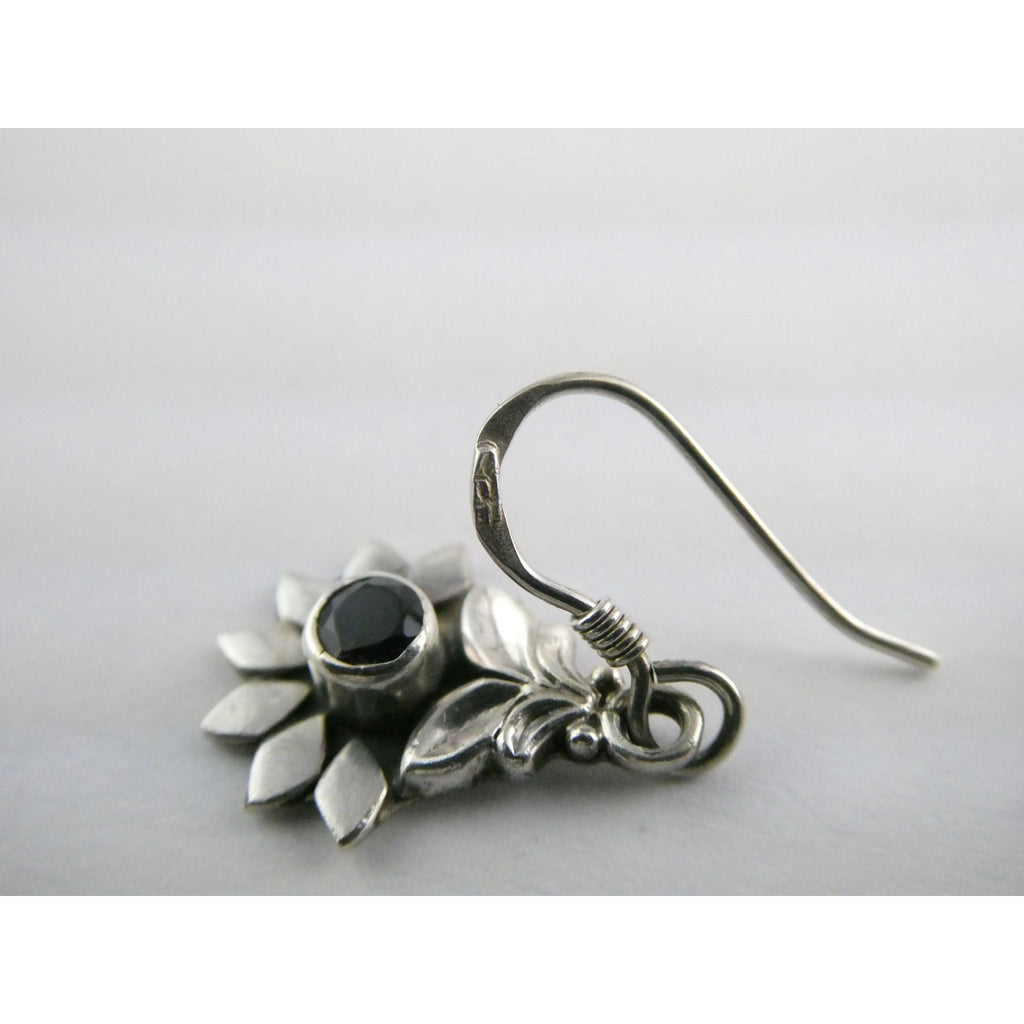 Sterling Silver Round Cut Iolite Flower Design Hook Earrings 925 3.3g 1 1/8 Inch