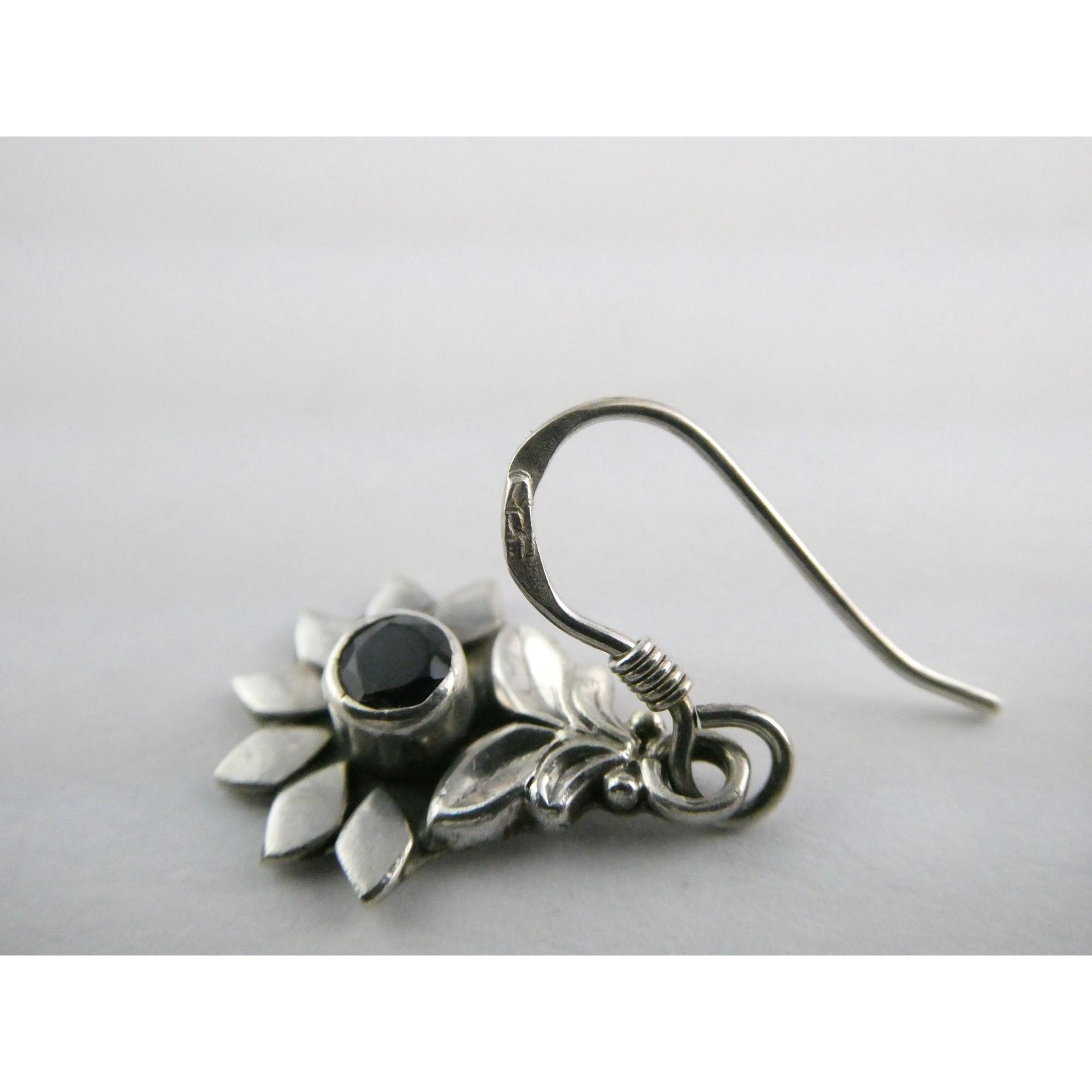 Sterling Silver Round Cut Iolite Flower Design Hook Earrings 925 3.3g 1 1/8 Inch