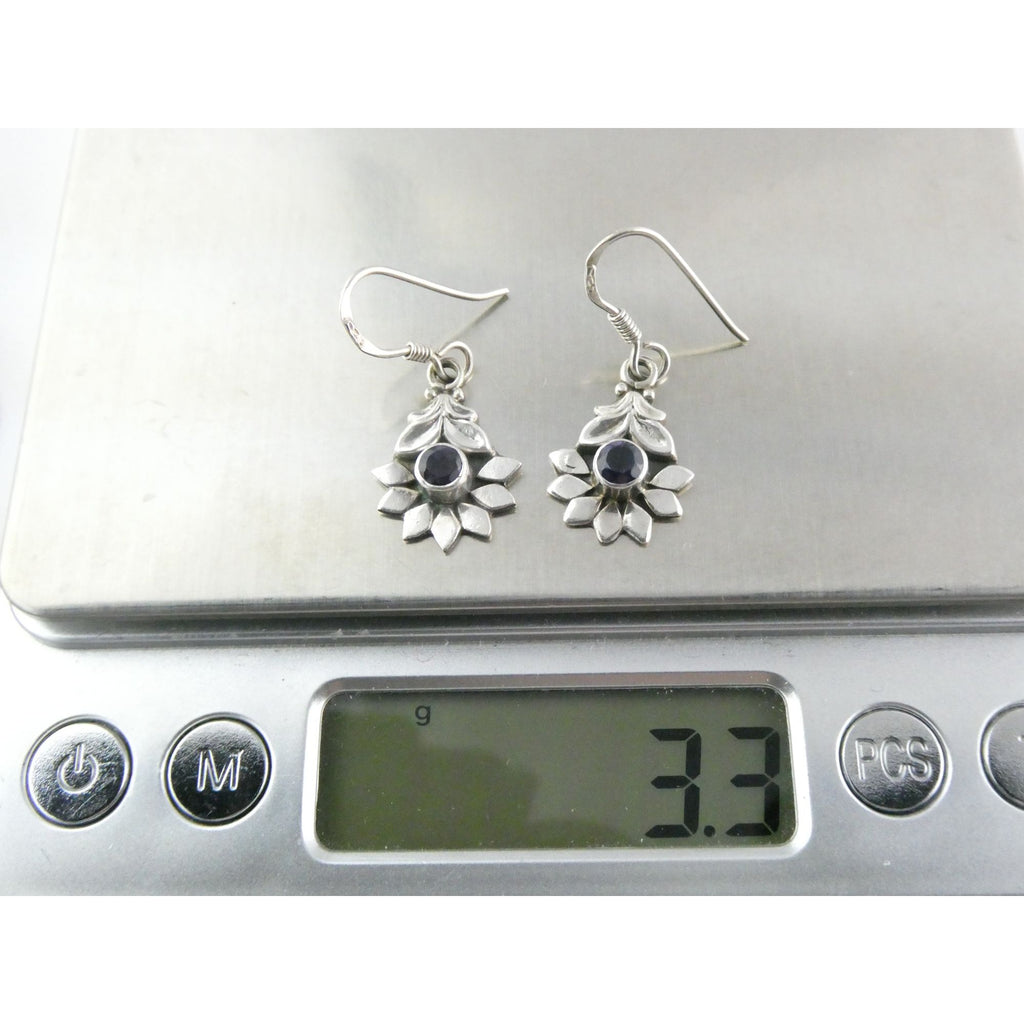 Sterling Silver Round Cut Iolite Flower Design Hook Earrings 925 3.3g 1 1/8 Inch