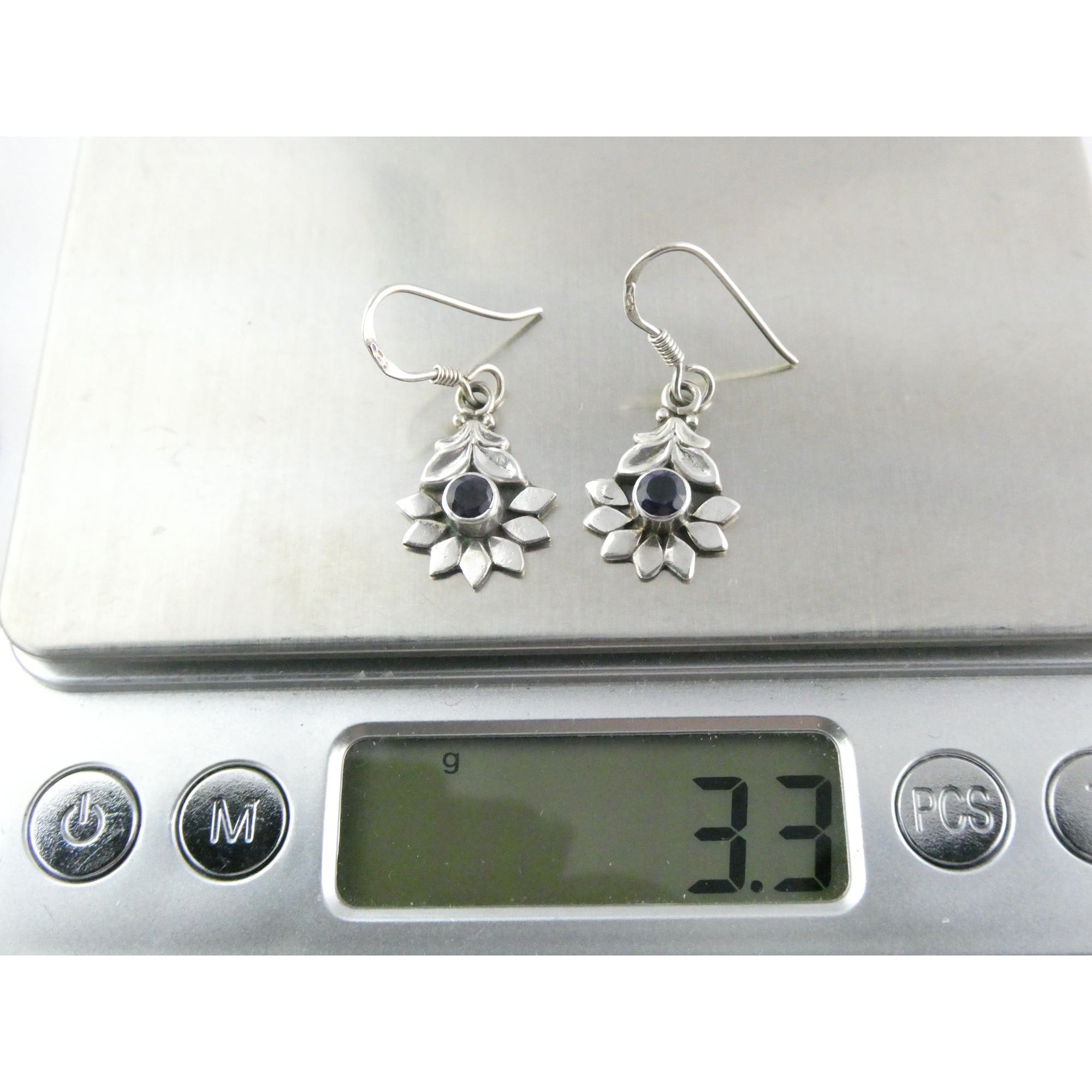 Sterling Silver Round Cut Iolite Flower Design Hook Earrings 925 3.3g 1 1/8 Inch
