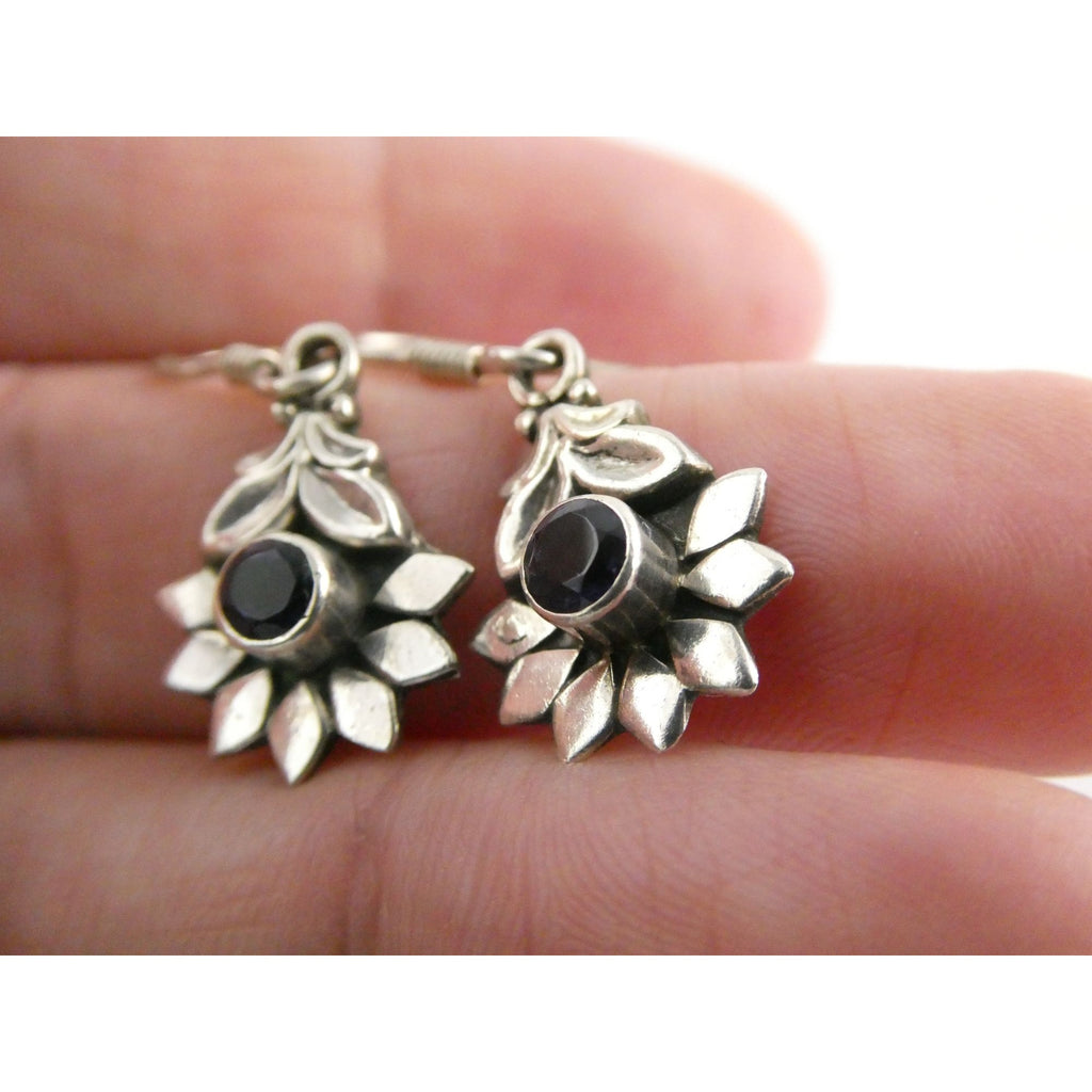 Sterling Silver Round Cut Iolite Flower Design Hook Earrings 925 3.3g 1 1/8 Inch