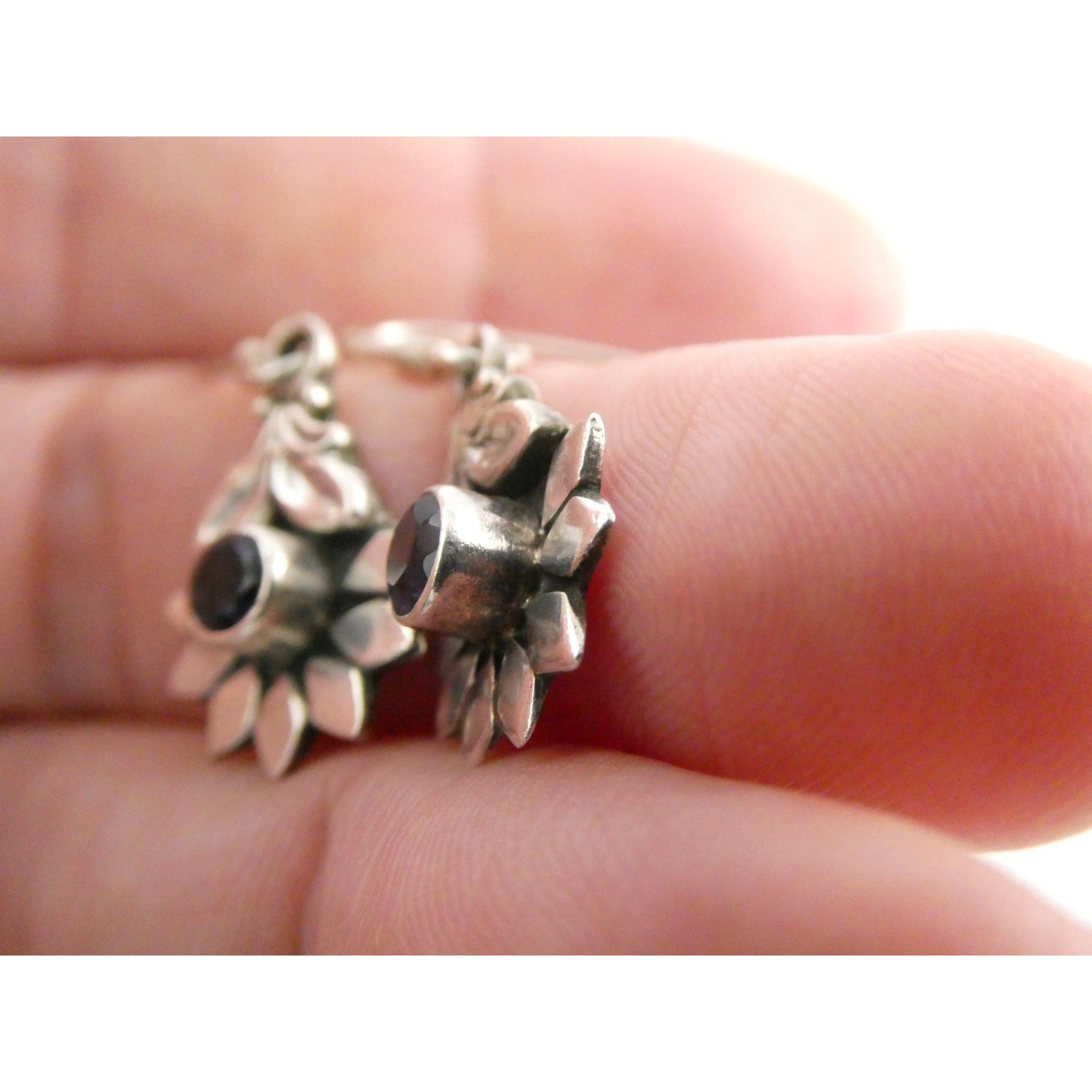 Sterling Silver Round Cut Iolite Flower Design Hook Earrings 925 3.3g 1 1/8 Inch