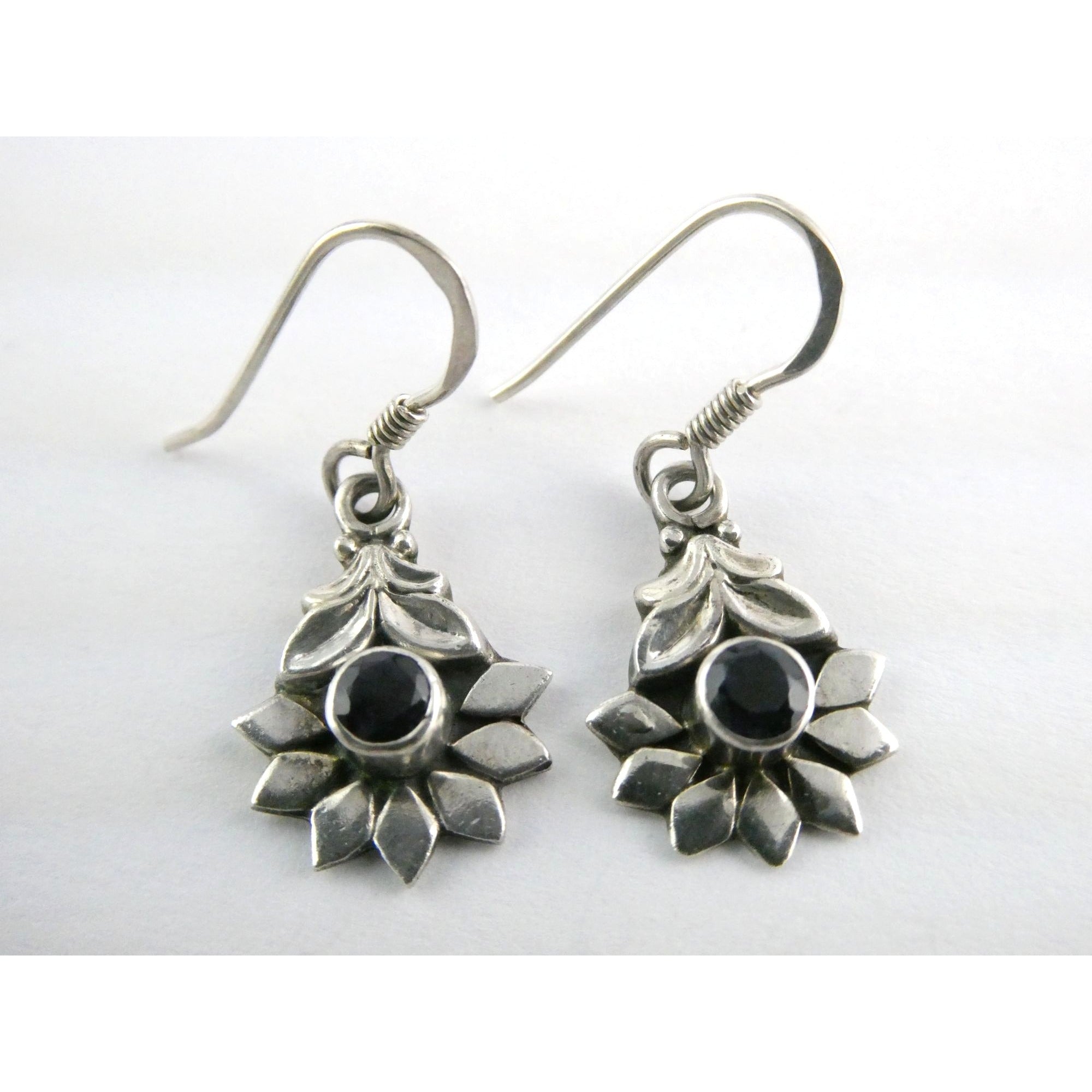 Sterling Silver Round Cut Iolite Flower Design Hook Earrings 925 3.3g 1 1/8 Inch