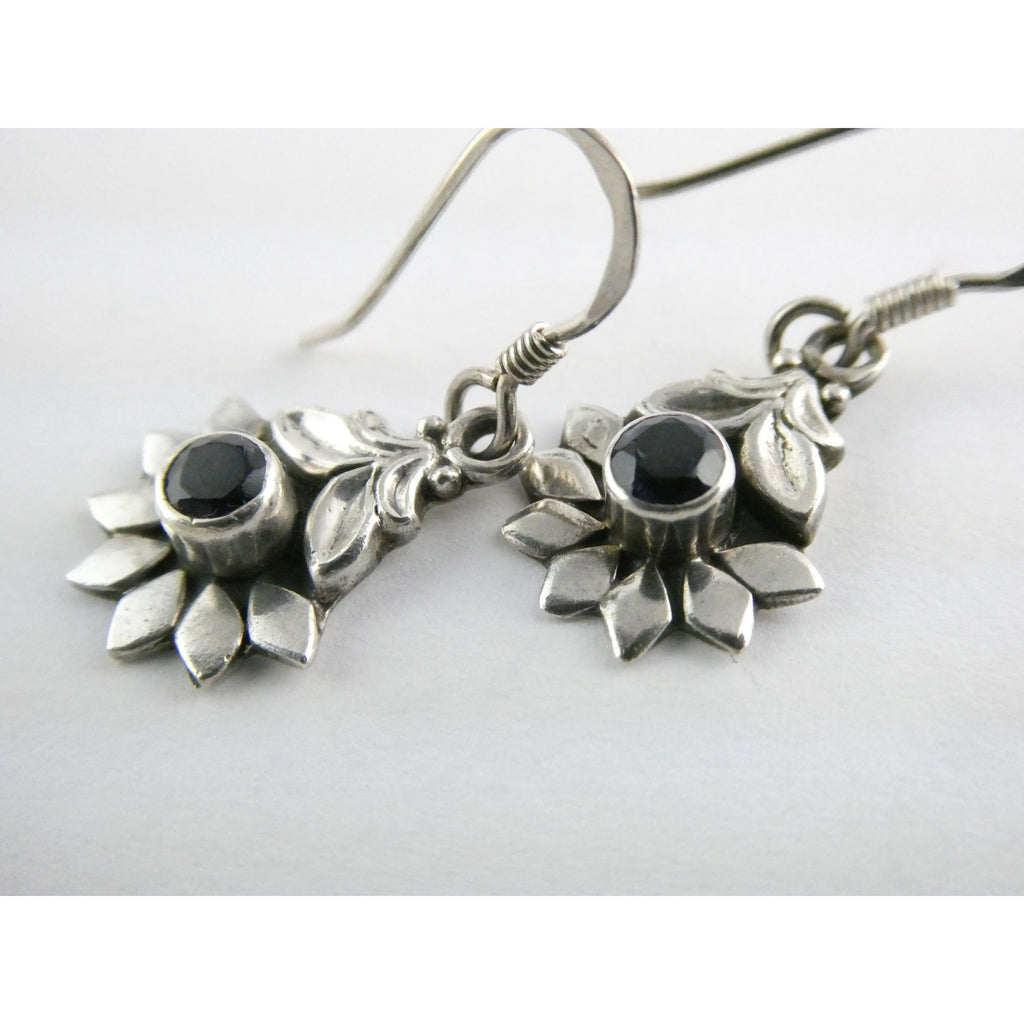 Sterling Silver Round Cut Iolite Flower Design Hook Earrings 925 3.3g 1 1/8 Inch