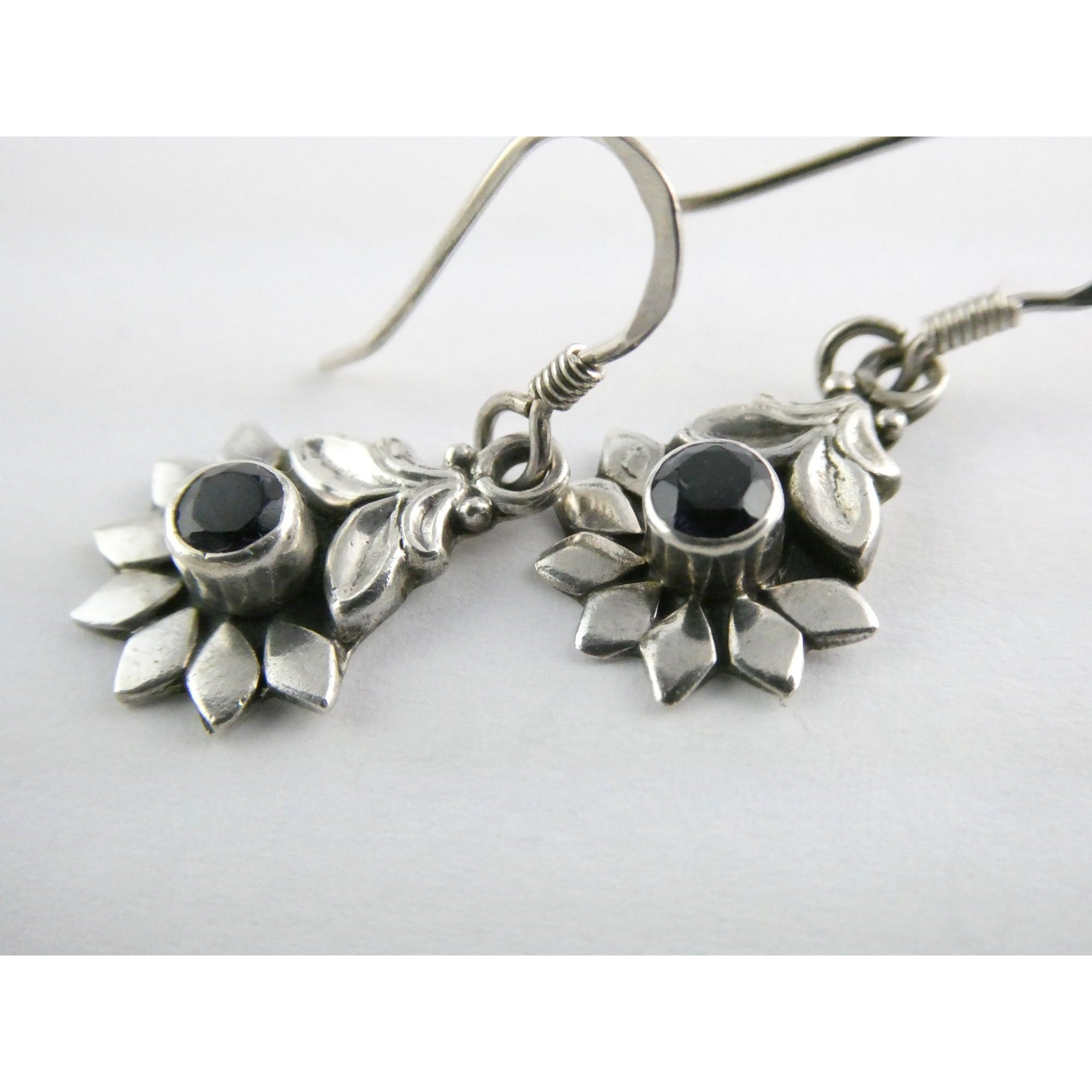 Sterling Silver Round Cut Iolite Flower Design Hook Earrings 925 3.3g 1 1/8 Inch