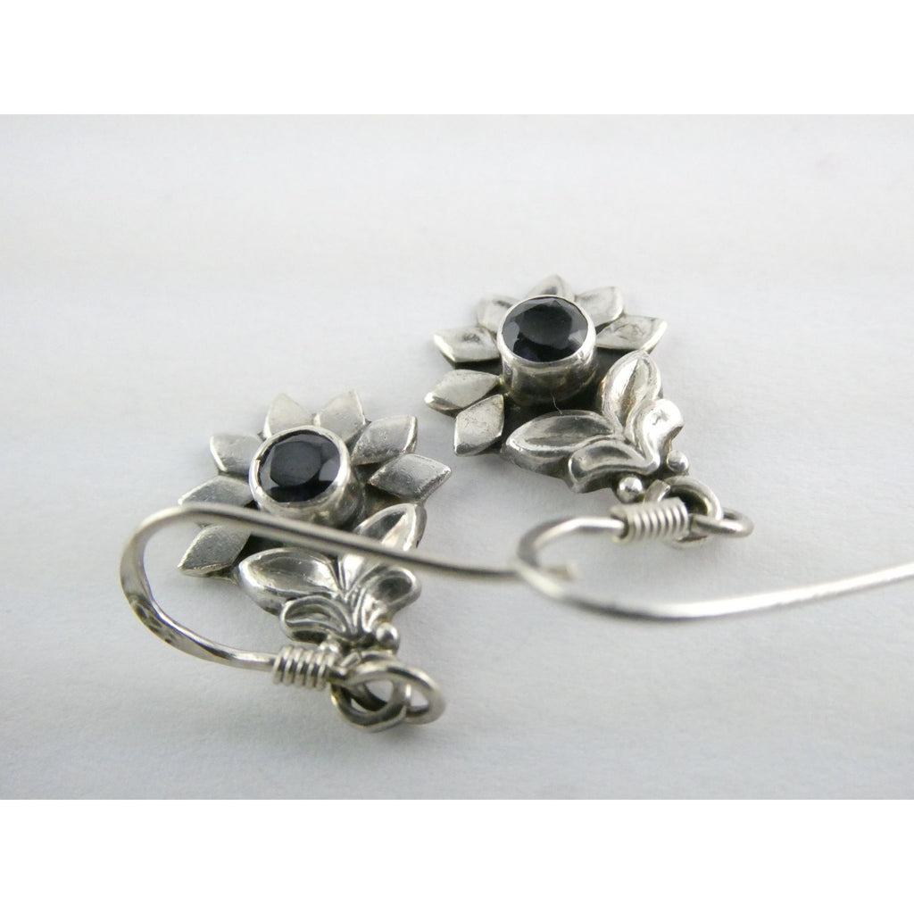 Sterling Silver Round Cut Iolite Flower Design Hook Earrings 925 3.3g 1 1/8 Inch