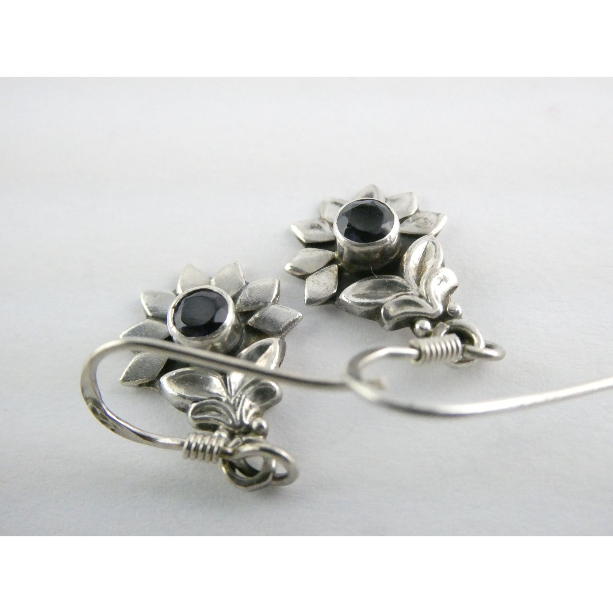 Sterling Silver Round Cut Iolite Flower Design Hook Earrings 925 3.3g 1 1/8 Inch