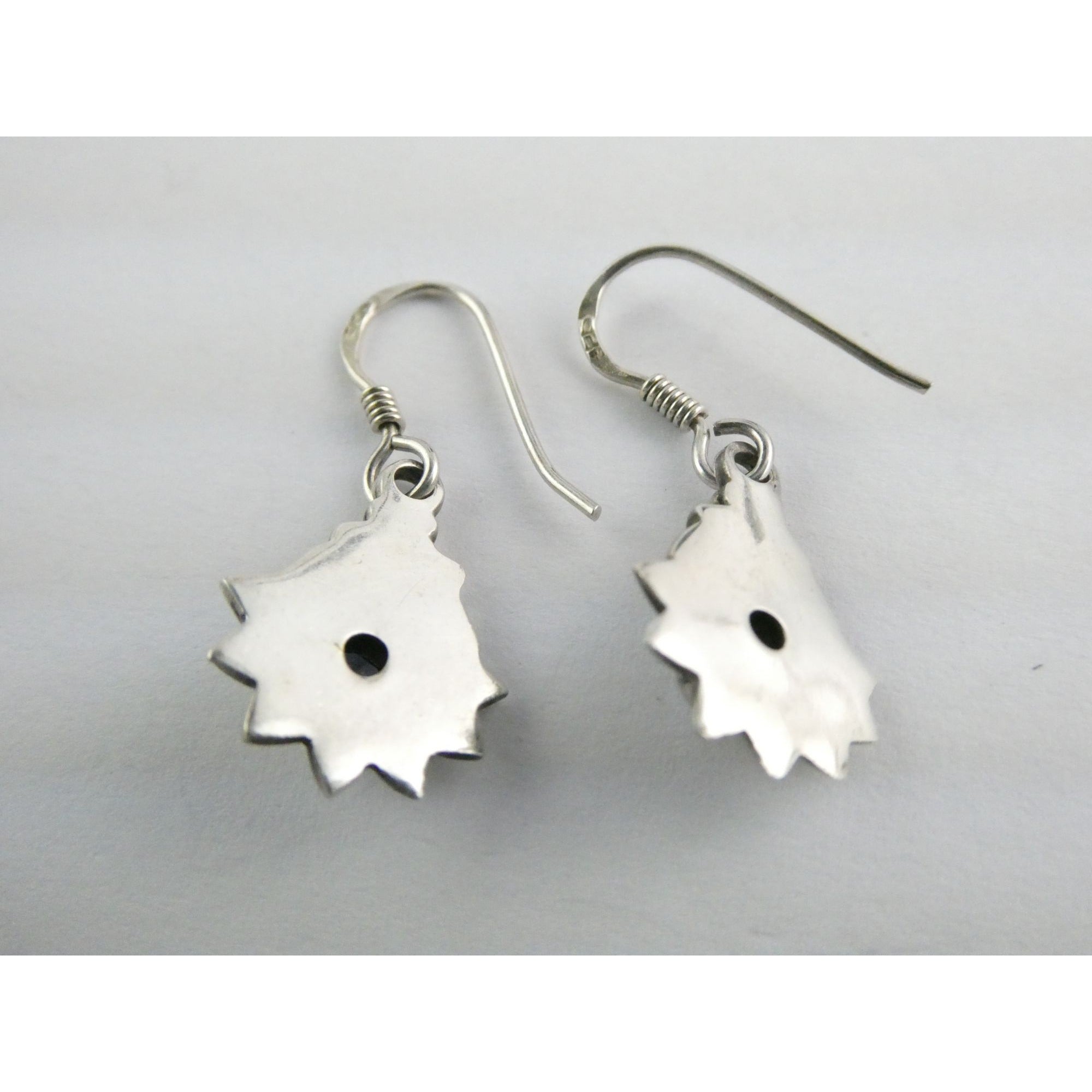 Sterling Silver Round Cut Iolite Flower Design Hook Earrings 925 3.3g 1 1/8 Inch