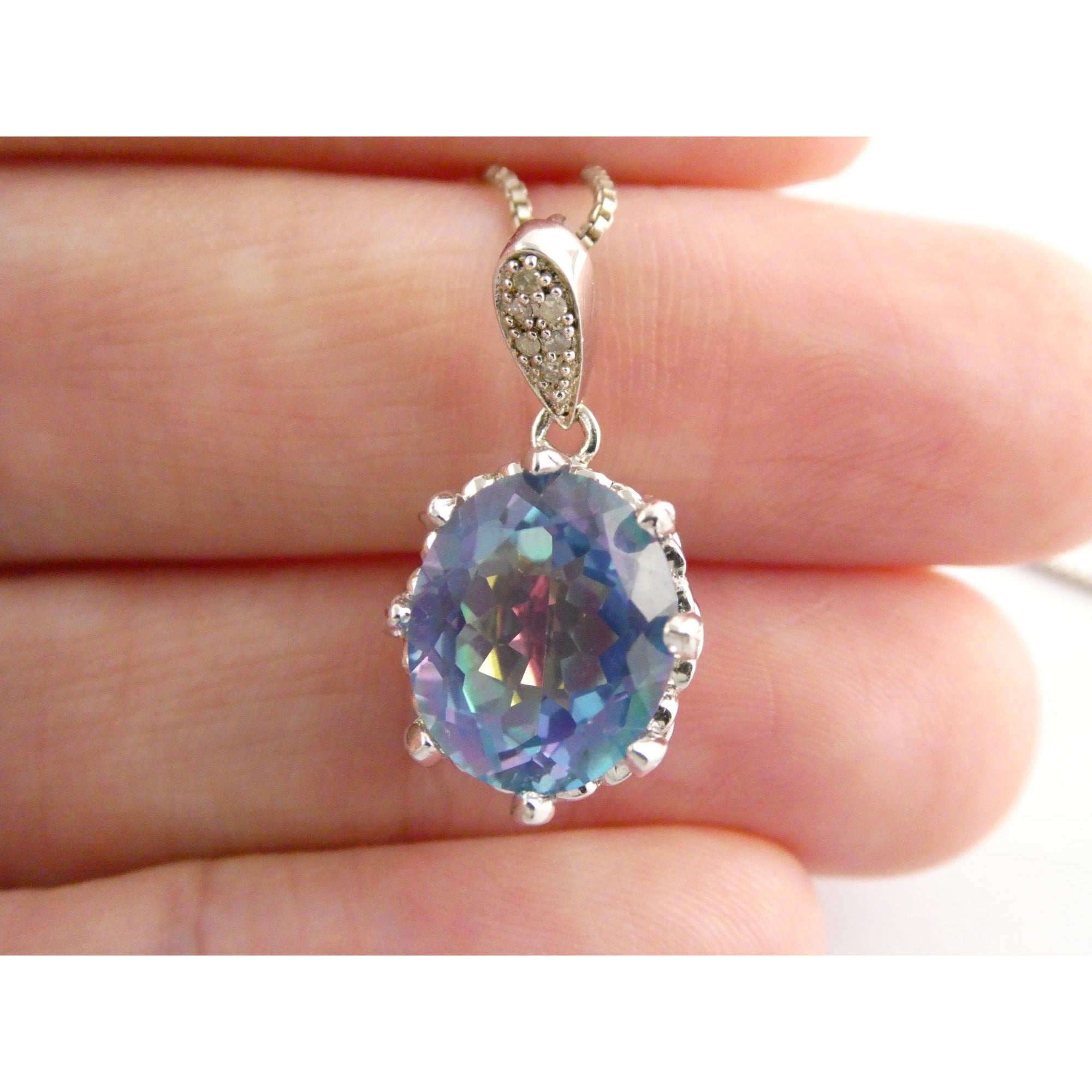 Sterling Silver Mystic Quartz Natural Diamonds Crown Setting Pendant Necklace