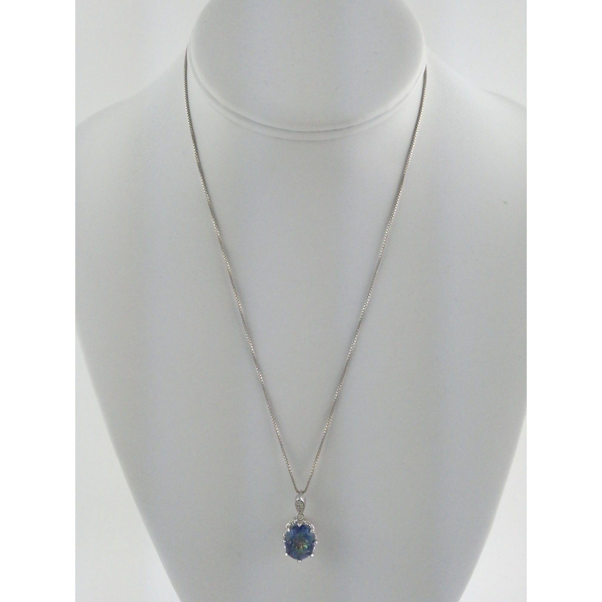Sterling Silver Mystic Quartz Natural Diamonds Crown Setting Pendant Necklace
