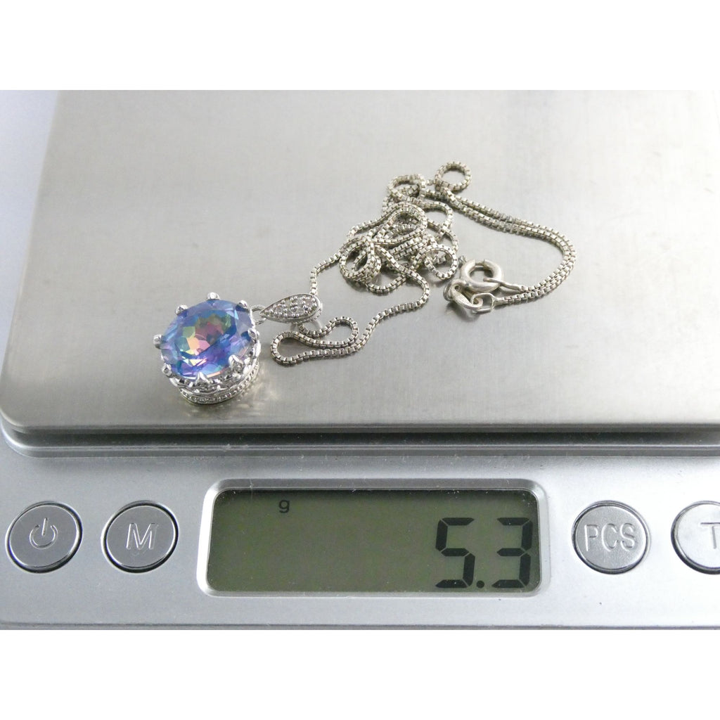 Sterling Silver Mystic Quartz Natural Diamonds Crown Setting Pendant Necklace