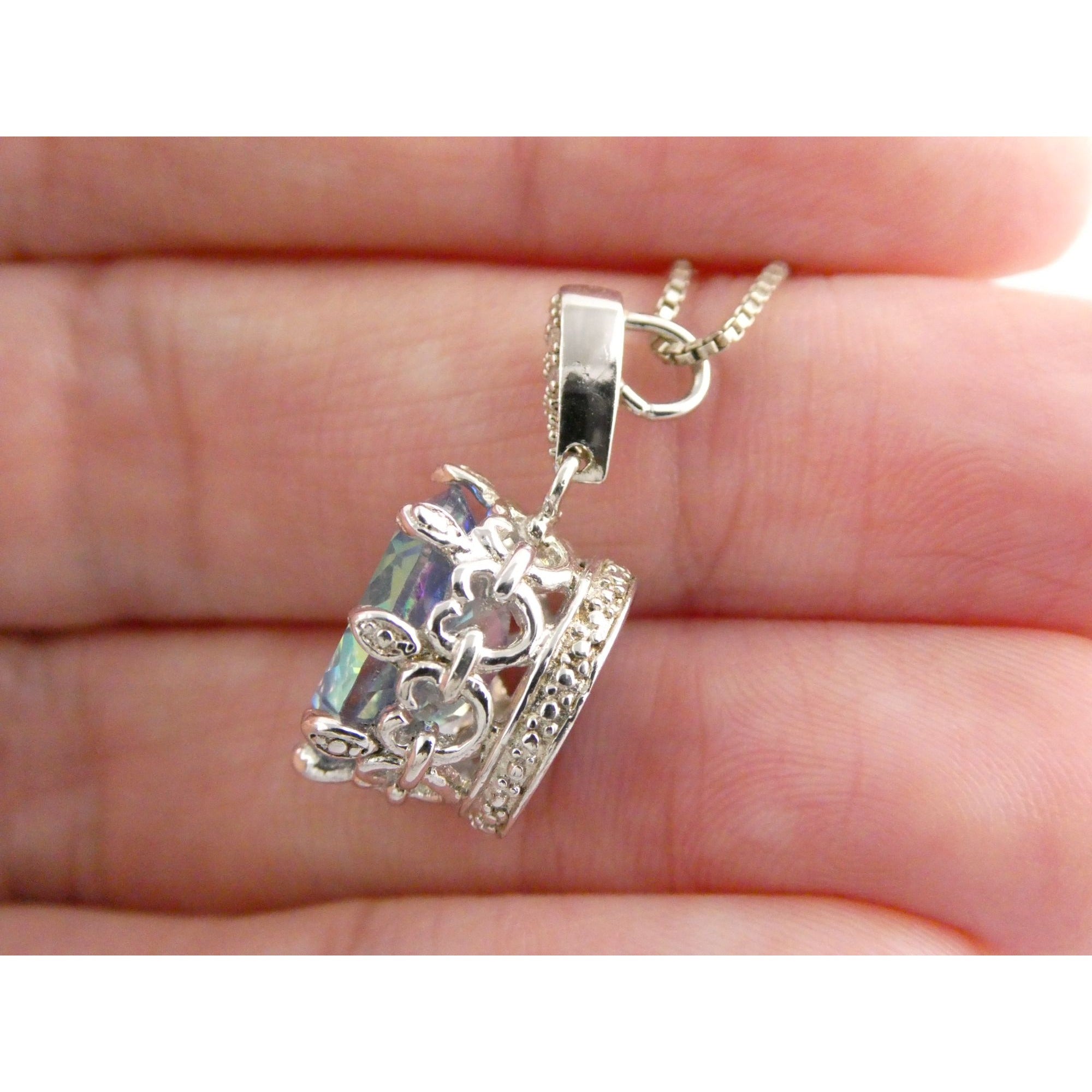 Sterling Silver Mystic Quartz Natural Diamonds Crown Setting Pendant Necklace