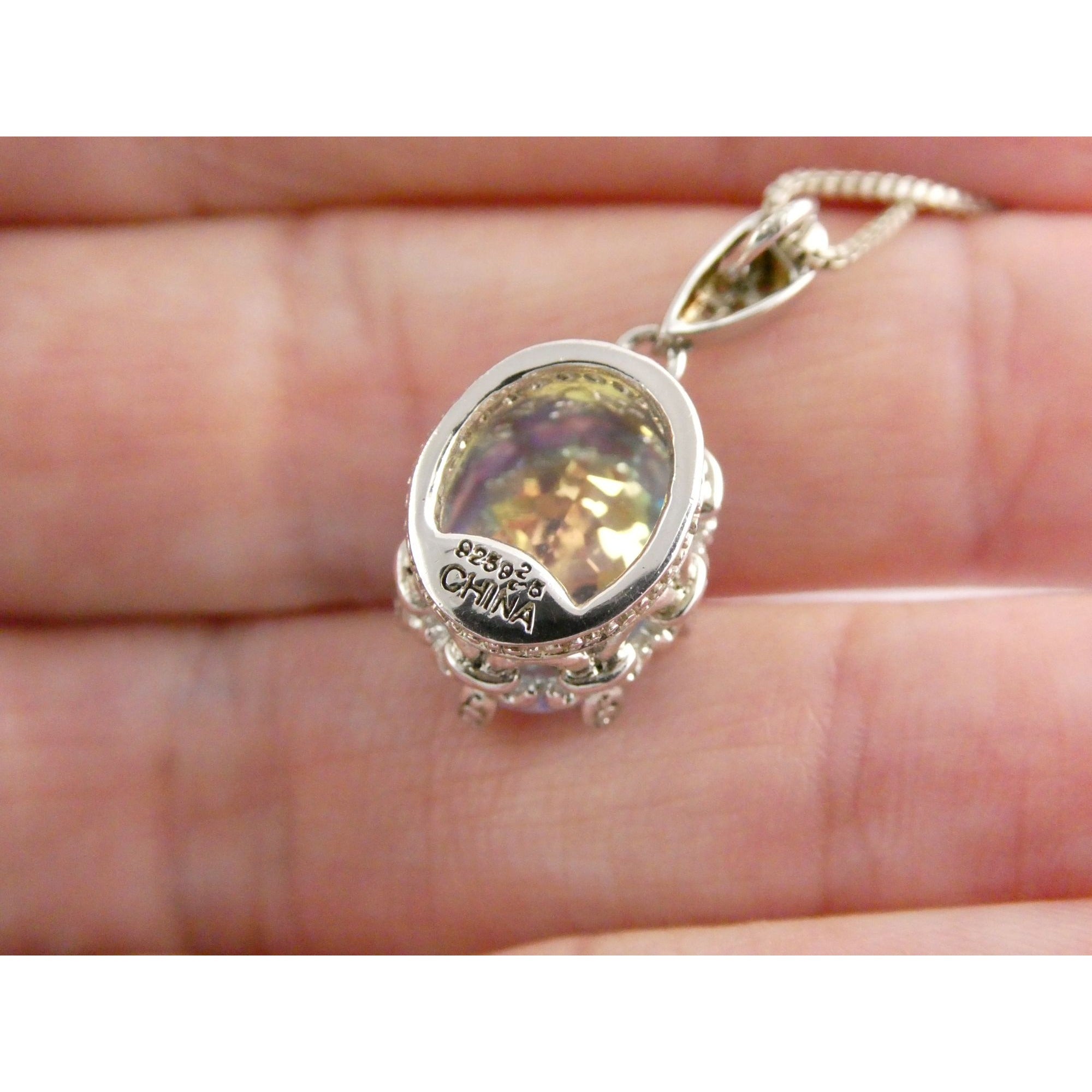 Sterling Silver Mystic Quartz Natural Diamonds Crown Setting Pendant Necklace