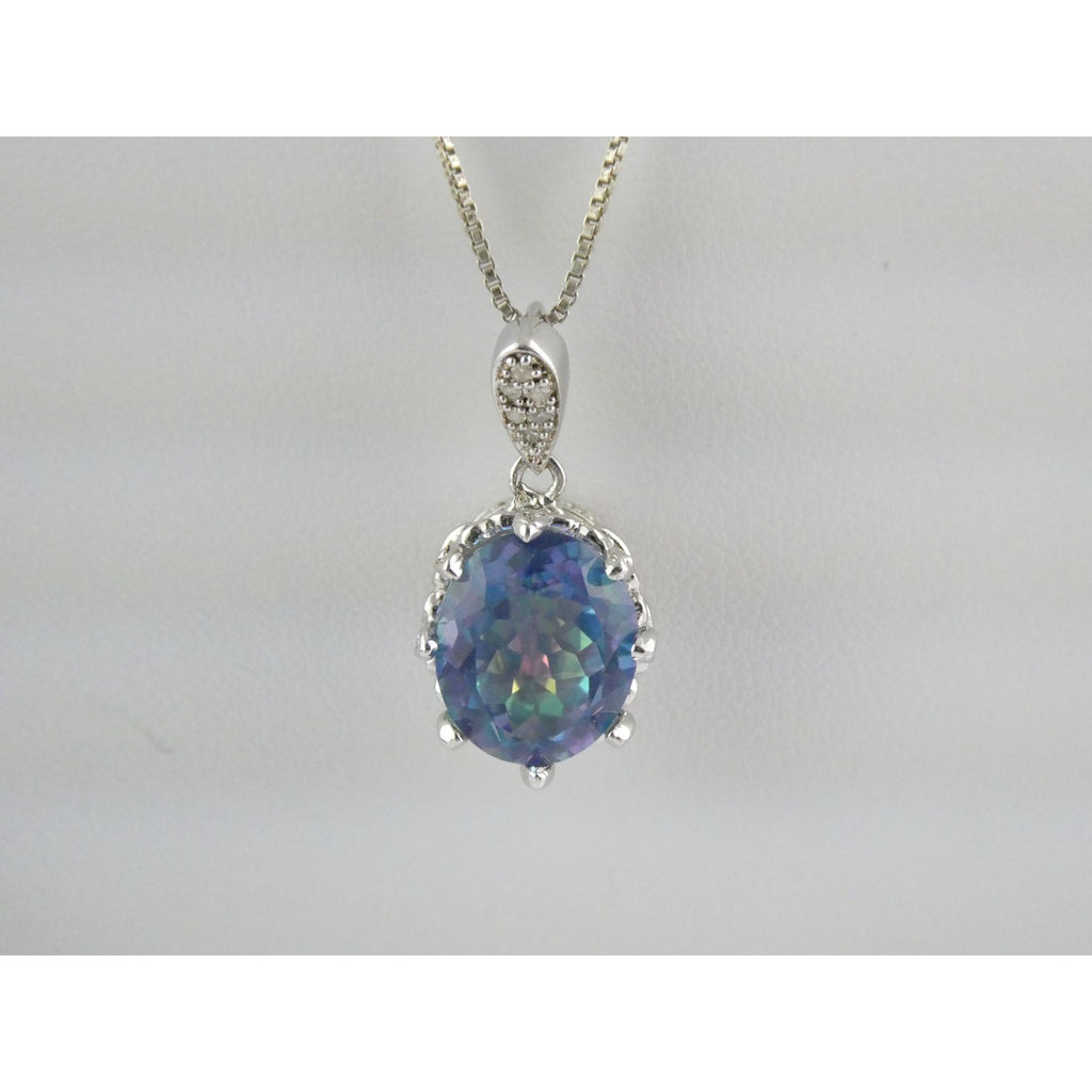 Sterling Silver Mystic Quartz Natural Diamonds Crown Setting Pendant Necklace