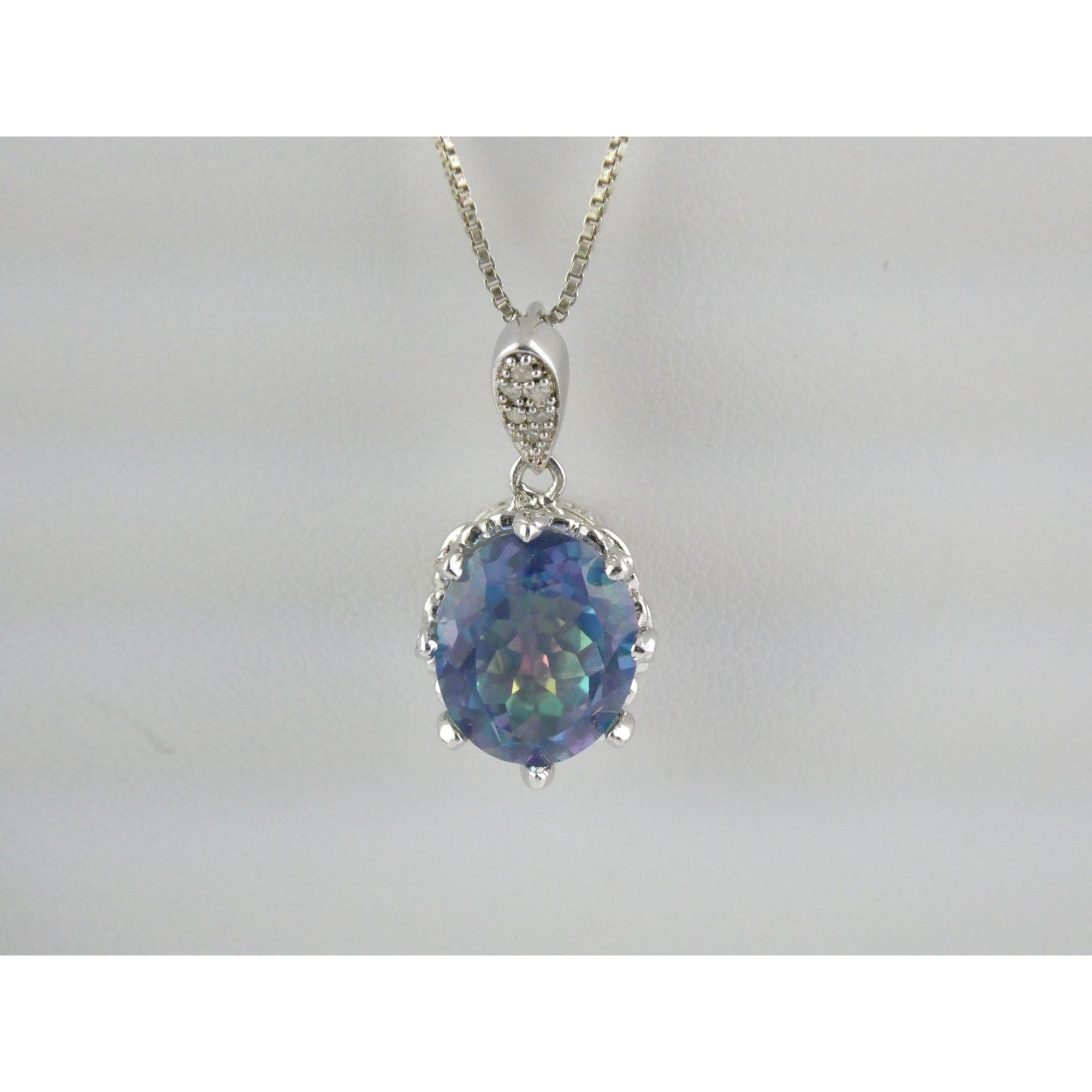 Sterling Silver Mystic Quartz Natural Diamonds Crown Setting Pendant Necklace