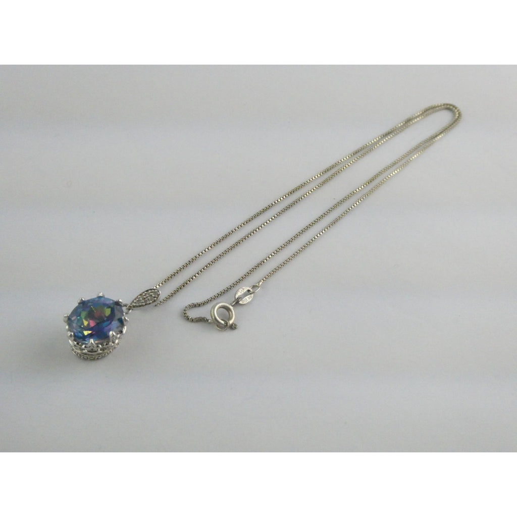 Sterling Silver Mystic Quartz Natural Diamonds Crown Setting Pendant Necklace