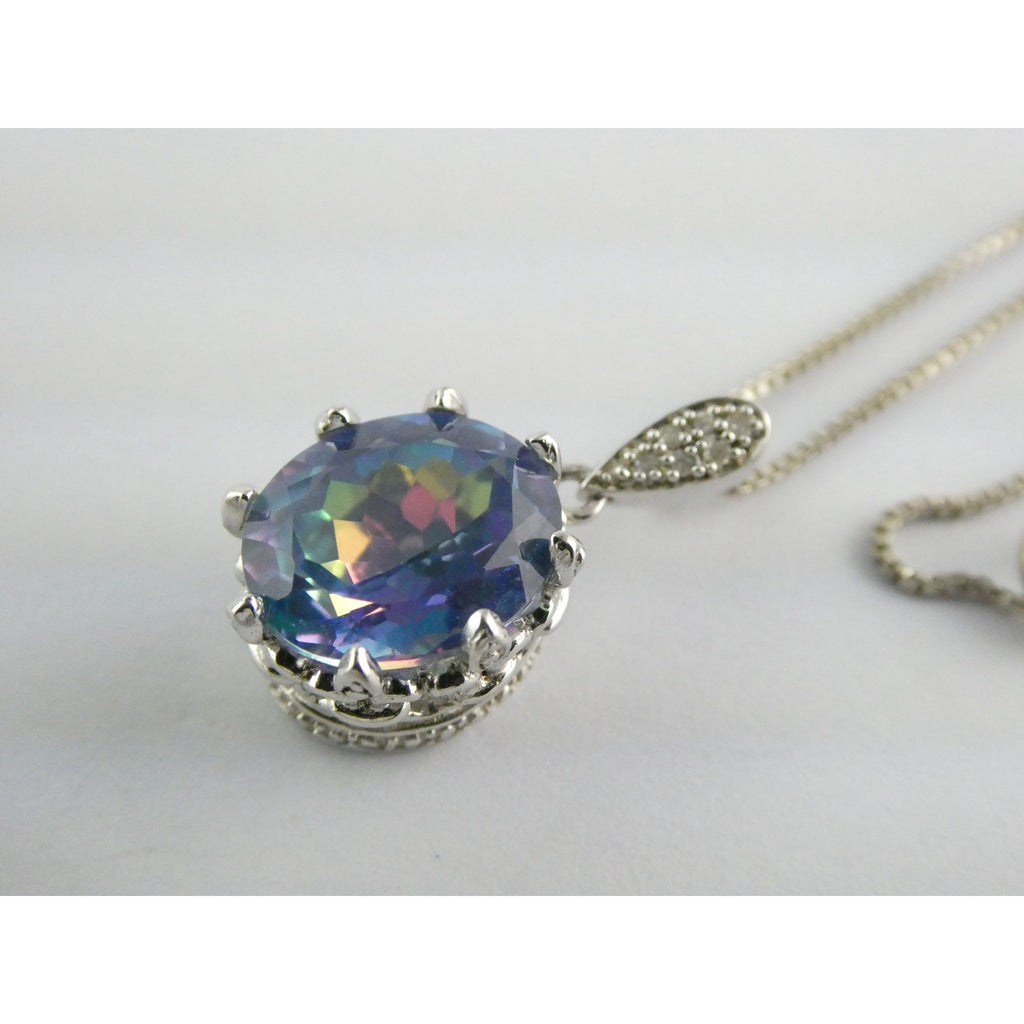 Sterling Silver Mystic Quartz Natural Diamonds Crown Setting Pendant Necklace