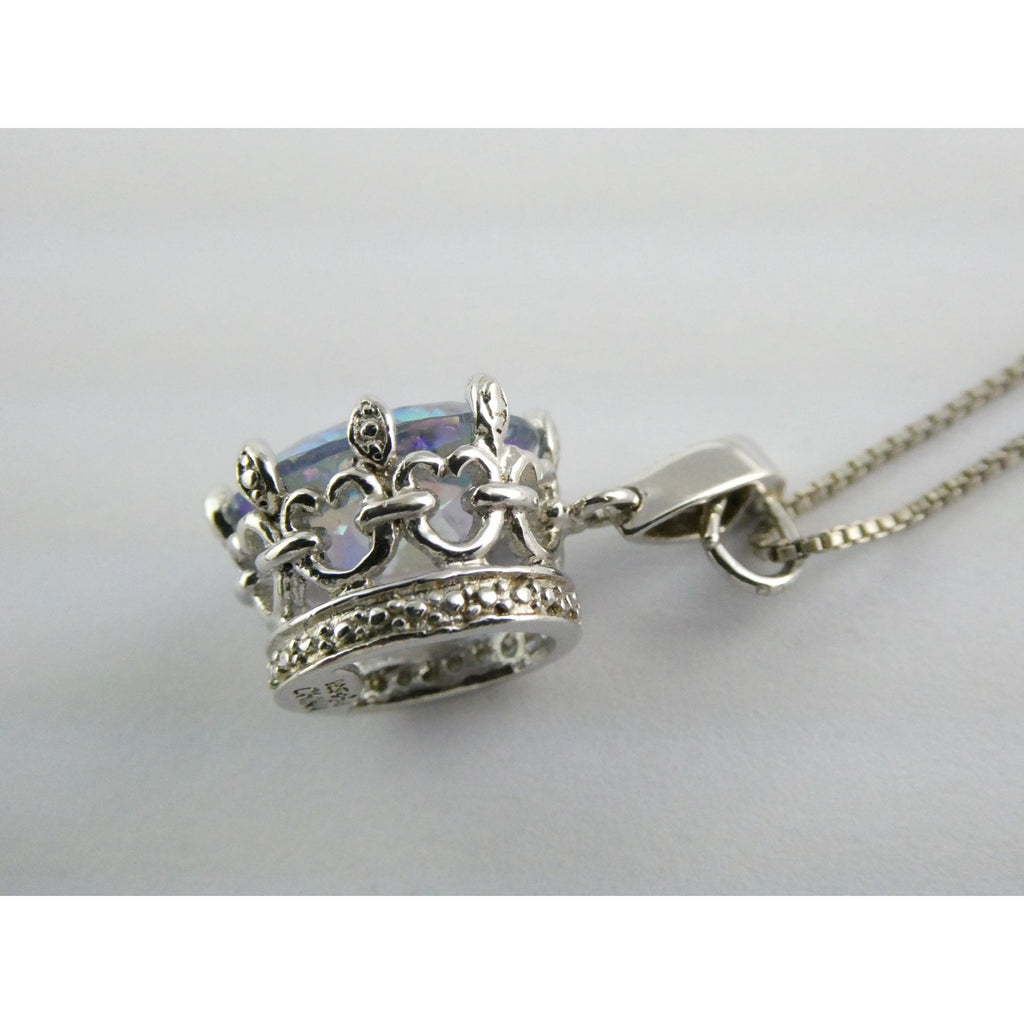 Sterling Silver Mystic Quartz Natural Diamonds Crown Setting Pendant Necklace