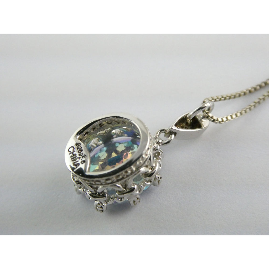 Sterling Silver Mystic Quartz Natural Diamonds Crown Setting Pendant Necklace