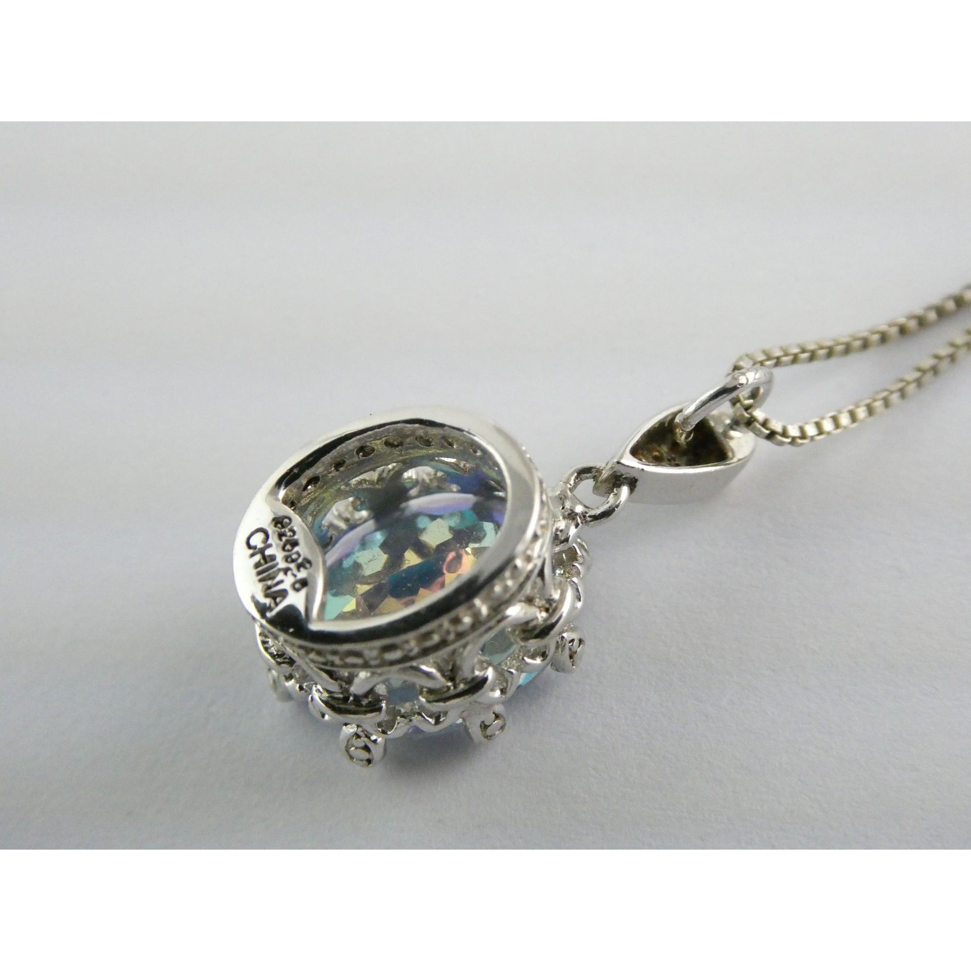 Sterling Silver Mystic Quartz Natural Diamonds Crown Setting Pendant Necklace