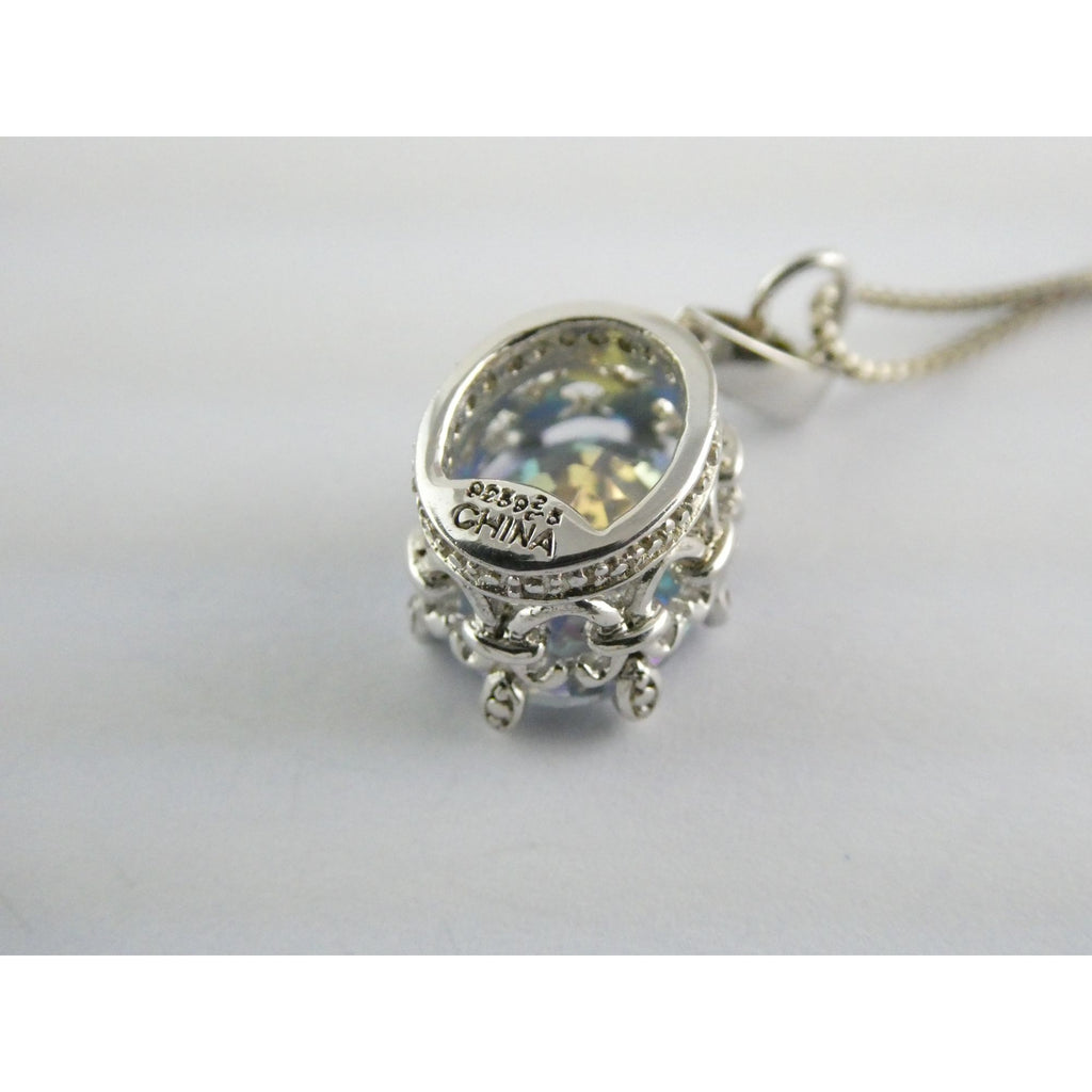Sterling Silver Mystic Quartz Natural Diamonds Crown Setting Pendant Necklace