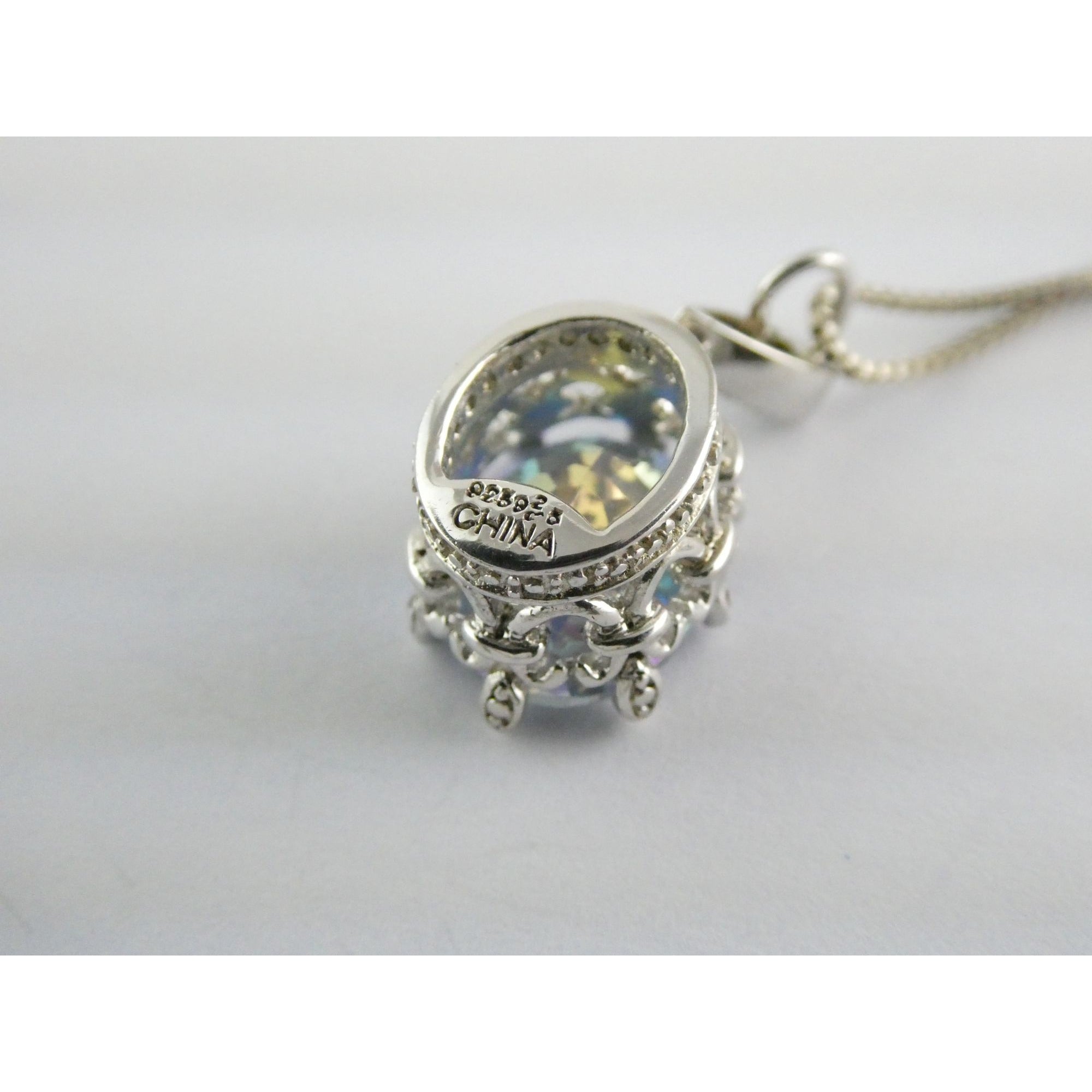 Sterling Silver Mystic Quartz Natural Diamonds Crown Setting Pendant Necklace