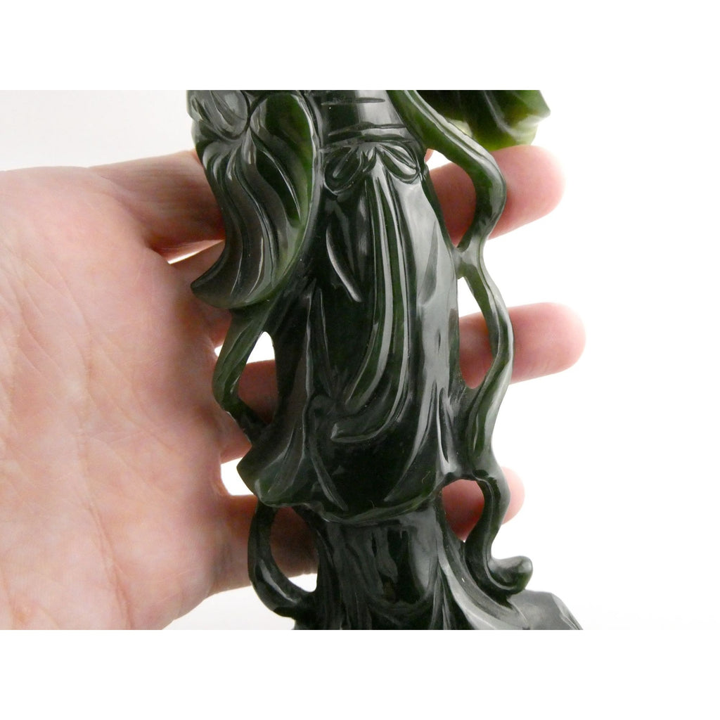 Chinese Carved Spinach Green Nephrite Jade Immortal Goddess Statuette Figurine