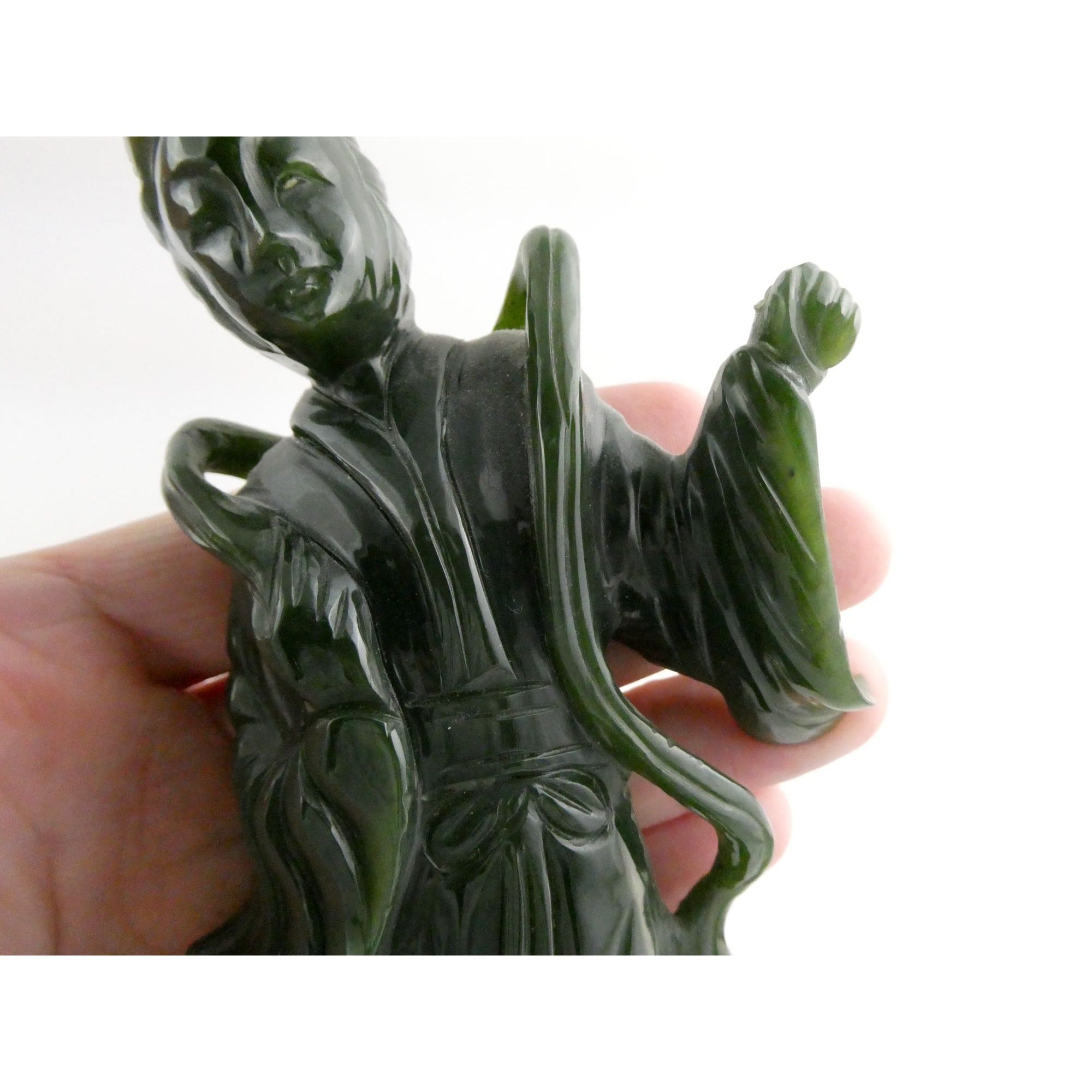 Chinese Carved Spinach Green Nephrite Jade Immortal Goddess Statuette Figurine