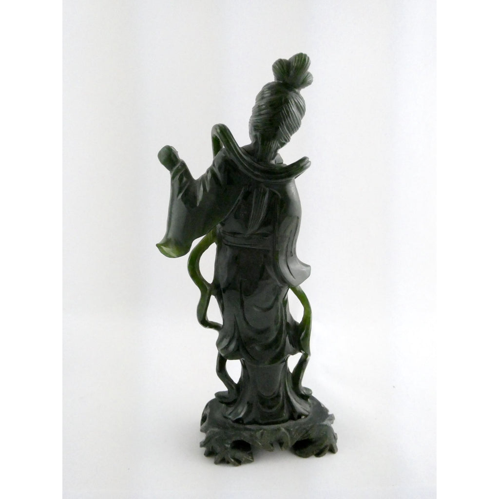 Chinese Carved Spinach Green Nephrite Jade Immortal Goddess Statuette Figurine